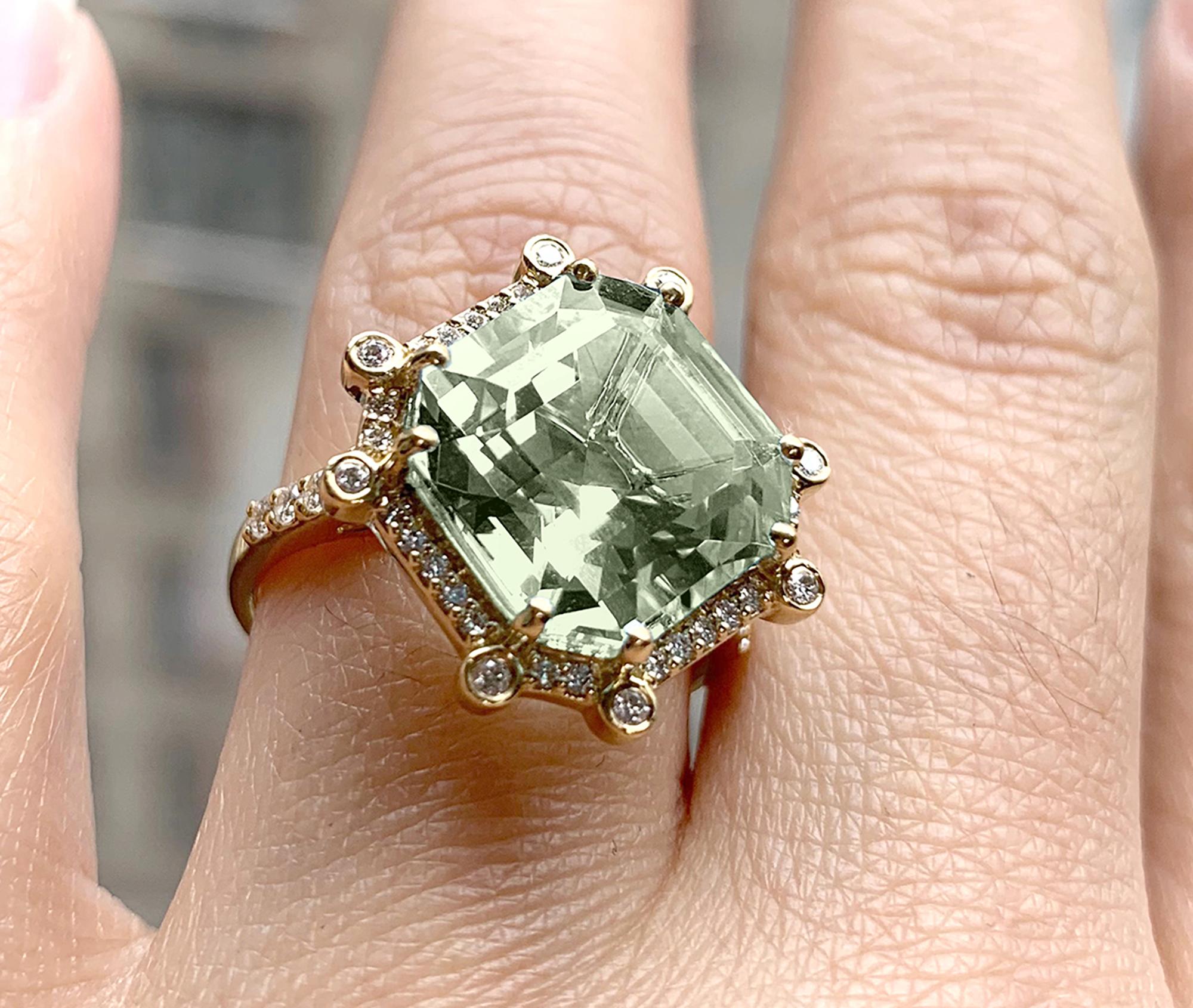 Prasiolite Emerald Cut Octagon Ring in 18K Yellow Gold with Diamonds, from 'Gossip' Collection

Stone Size: 12 x 12 mm 

Diamonds: G-H / VS, Approx Wt: 0.36 Cts