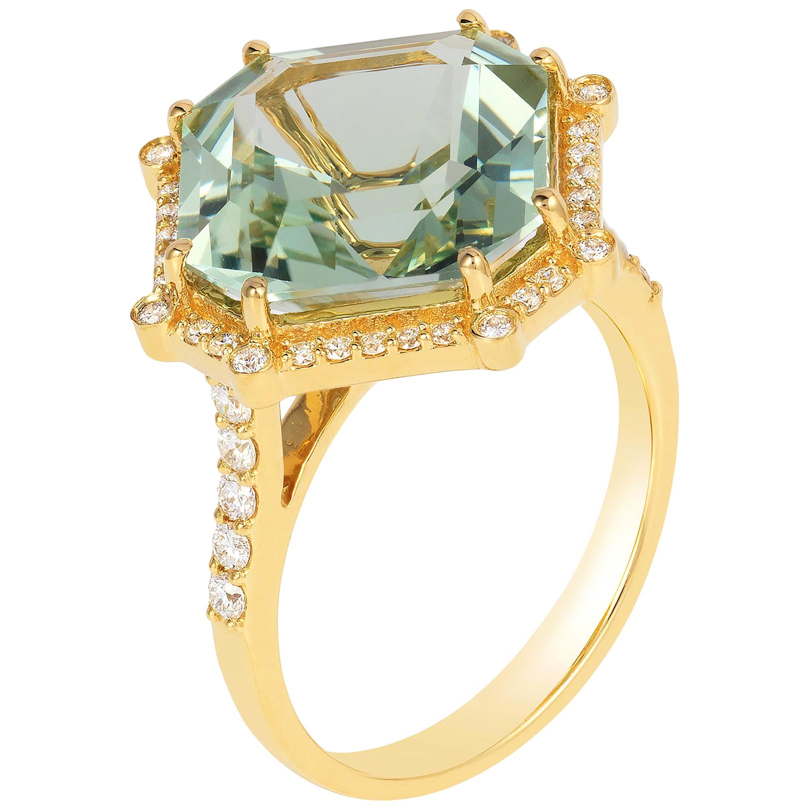 Goshwara Emerald Cut Prasiolite With Diamond Ring