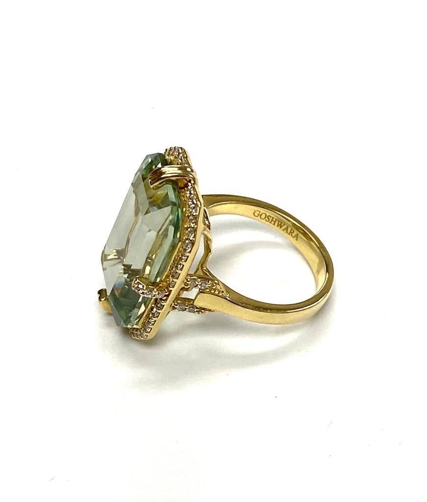  Prasiolite Emerald Cut Ring with Diamonds in 18K Yellow Gold, from 'Gossip' Collection

Stone Size: 10 x 15 mm

Gemstone Weight: 6.7 Carats

Diamonds: G-H / VS, Approx Wt: 0.28 Carats