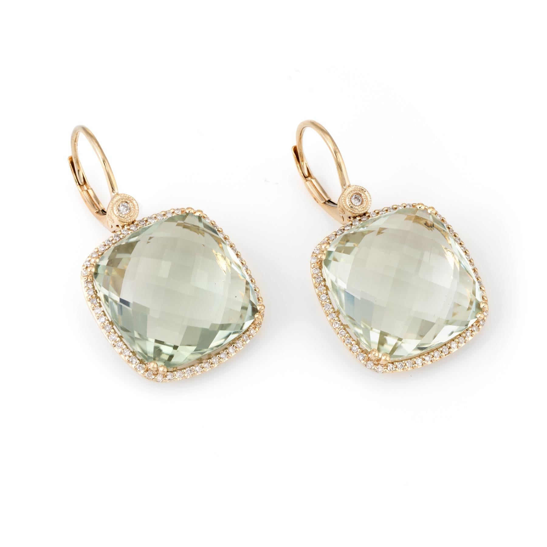 Elegant pair of prasiolite green amethyst & diamond earrings, crafted in 14k yellow gold. 

Checkerboard faceted prasiolite measures 15.8mm each (estimated at 15 carats each - 30 carats total estimated weight), accented with an estimated 0.59 carats