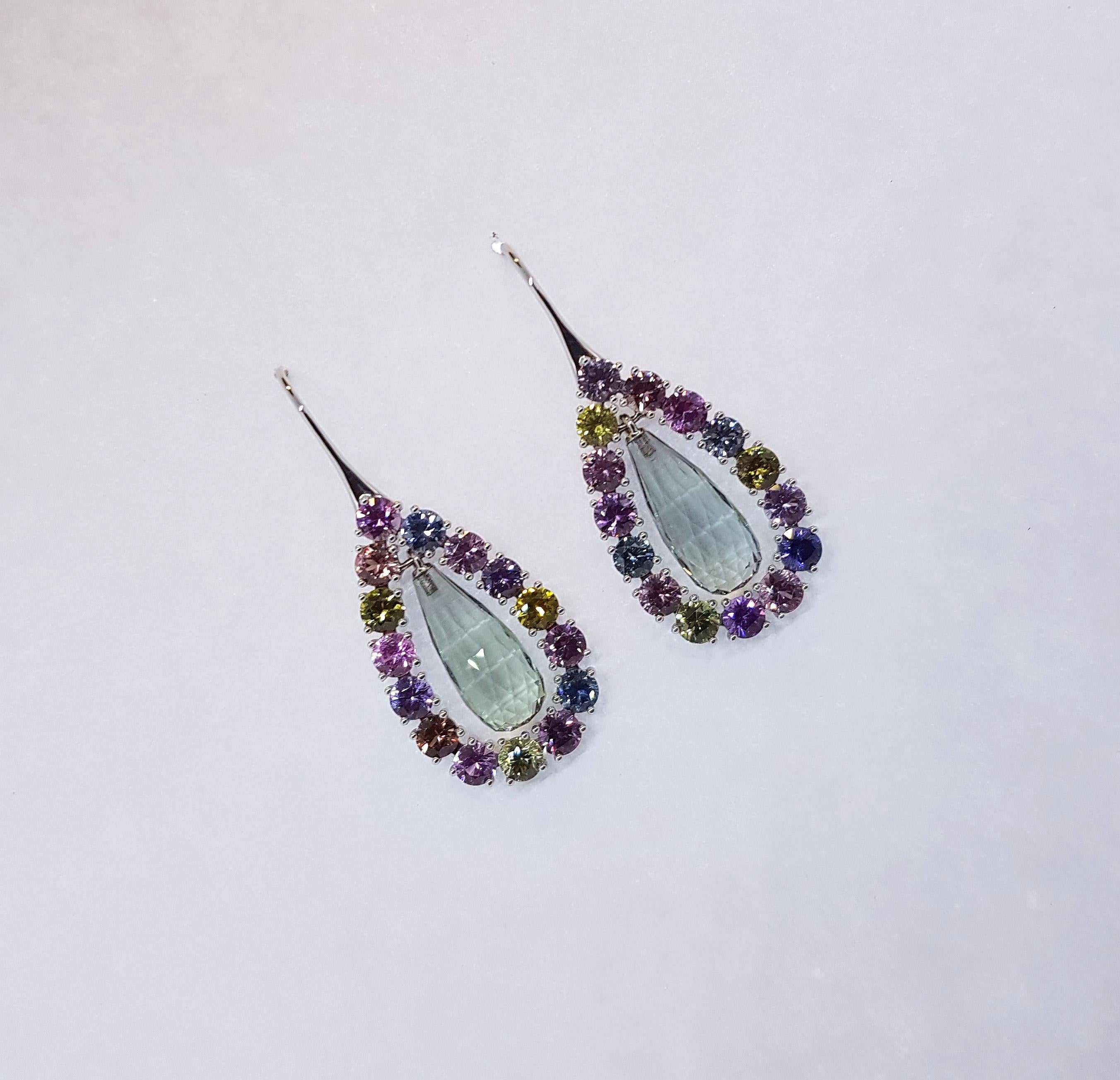Prasiolite and Natural Untreated Sapphire Gold Earrings by Wagner Preziosen For Sale 5