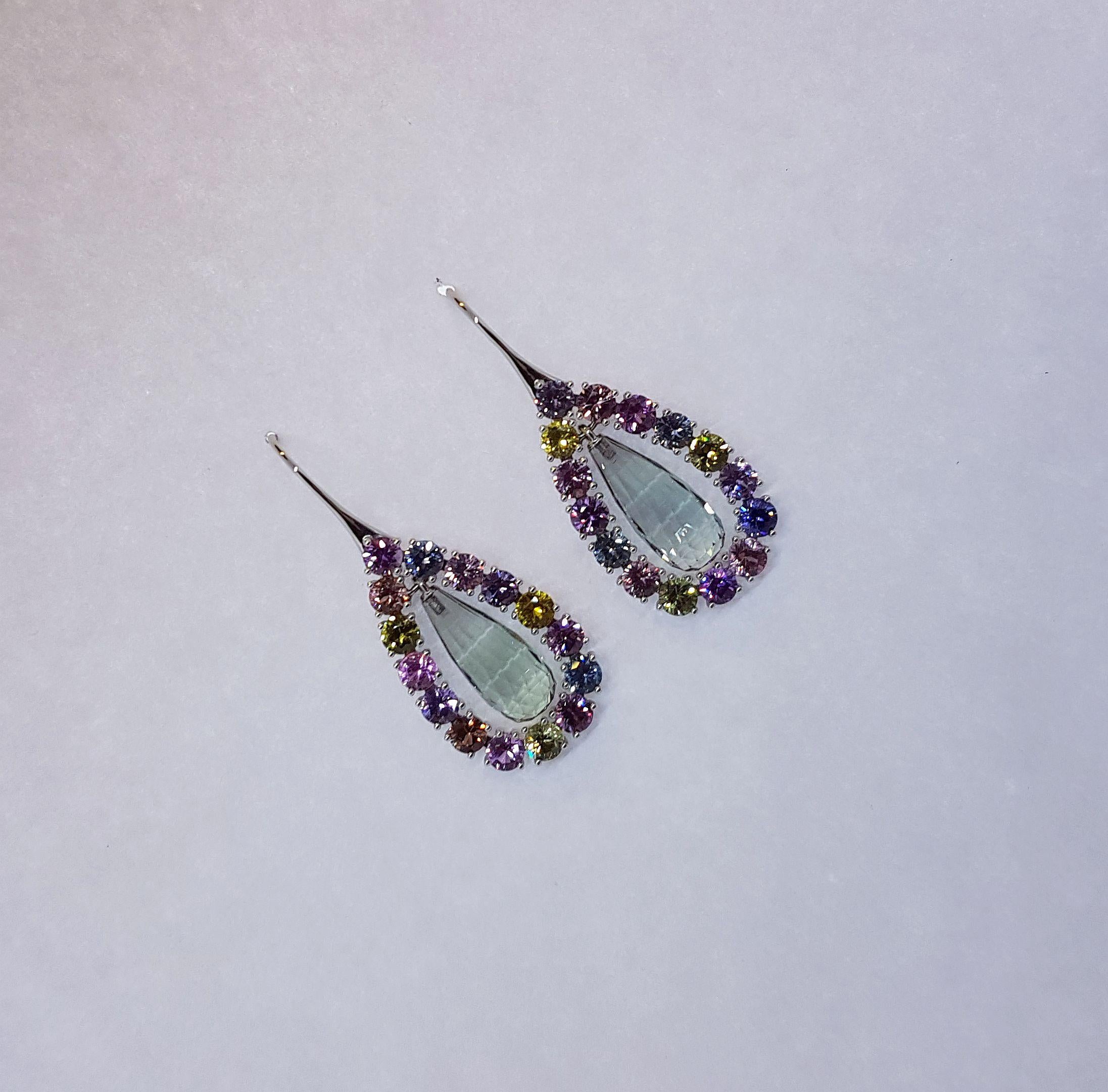 Prasiolite and Natural Untreated Sapphire Gold Earrings by Wagner Preziosen For Sale 8
