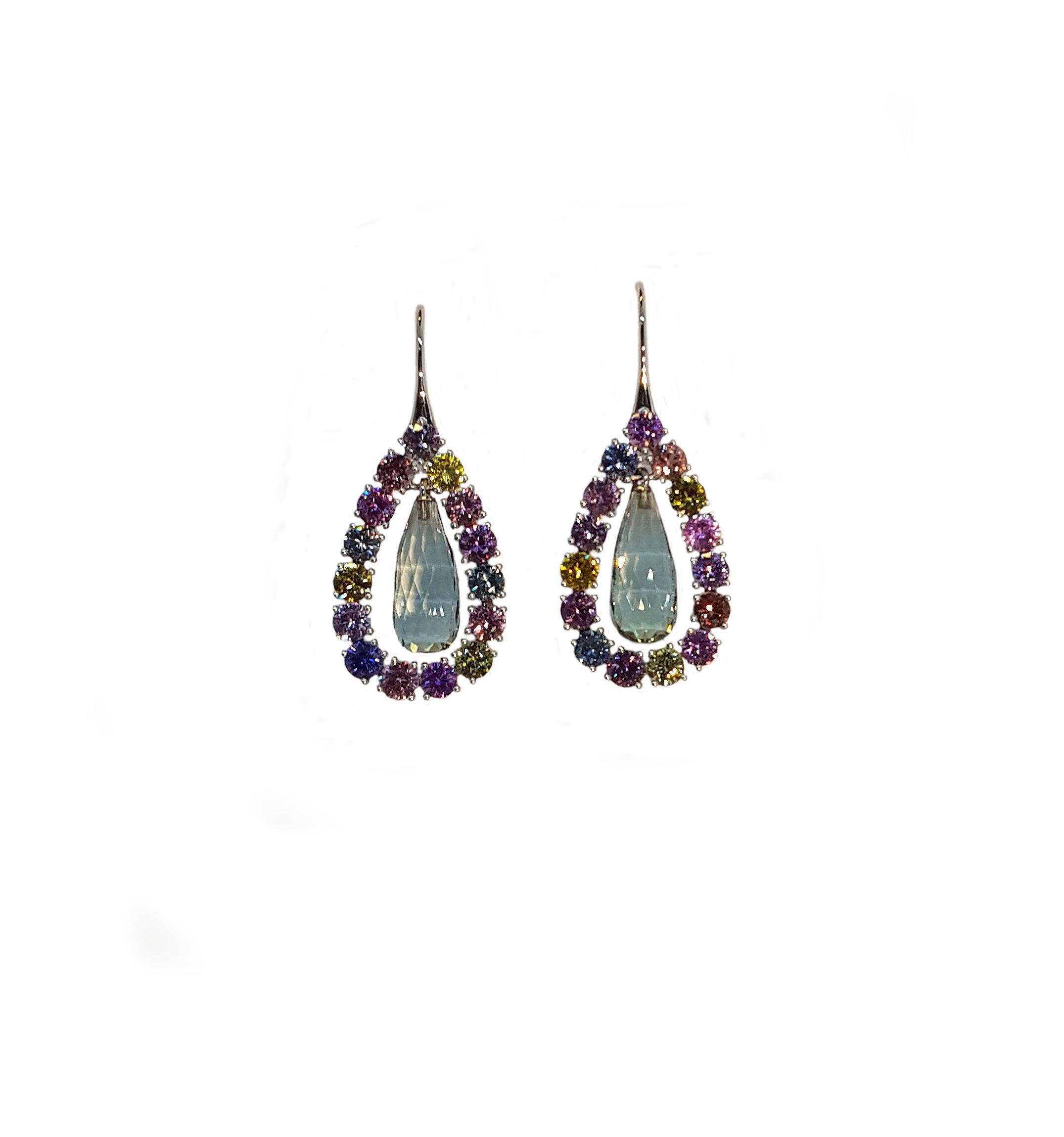 Prasiolite and Natural Untreated Sapphire Gold Earrings by Wagner Preziosen For Sale 10