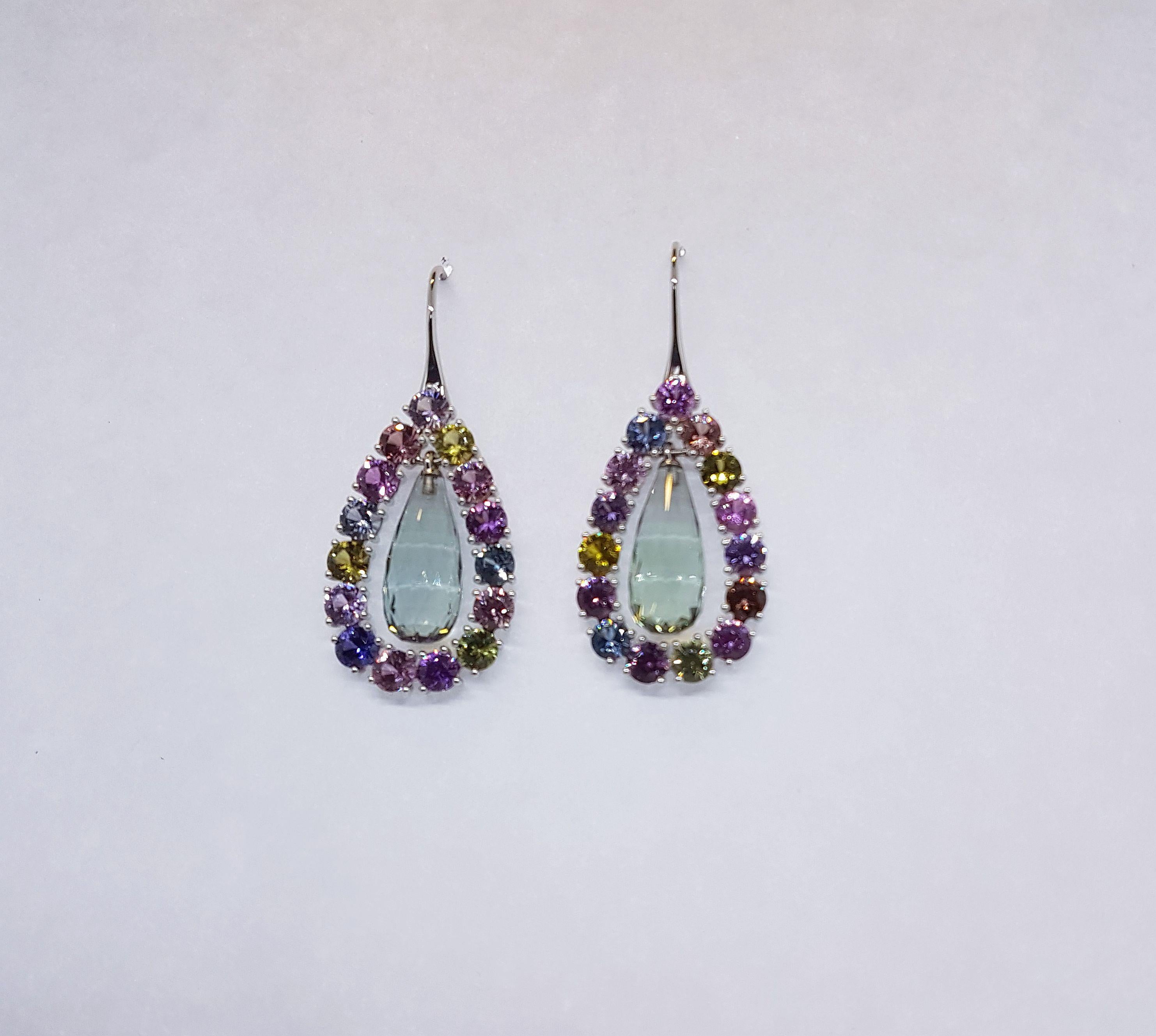 Brilliant Cut Prasiolite and Natural Untreated Sapphire Gold Earrings by Wagner Preziosen For Sale