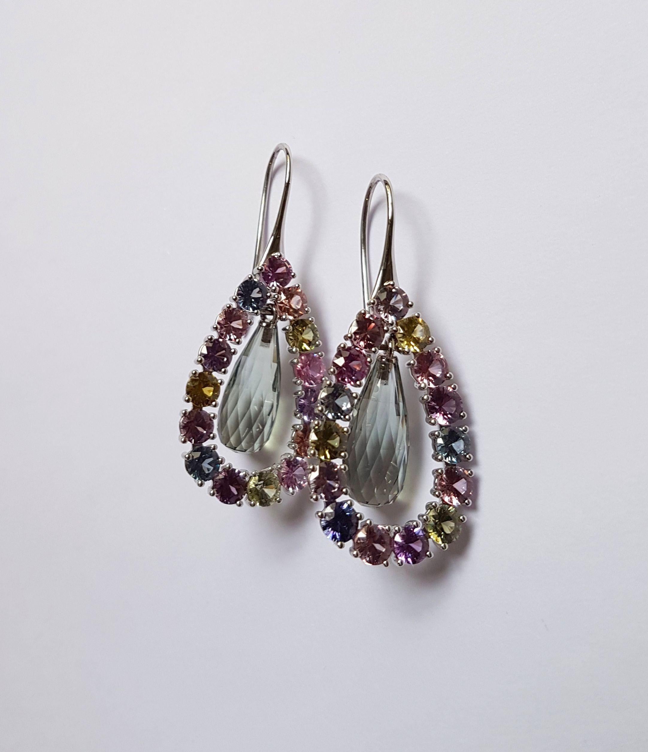 Women's Prasiolite and Natural Untreated Sapphire Gold Earrings by Wagner Preziosen For Sale