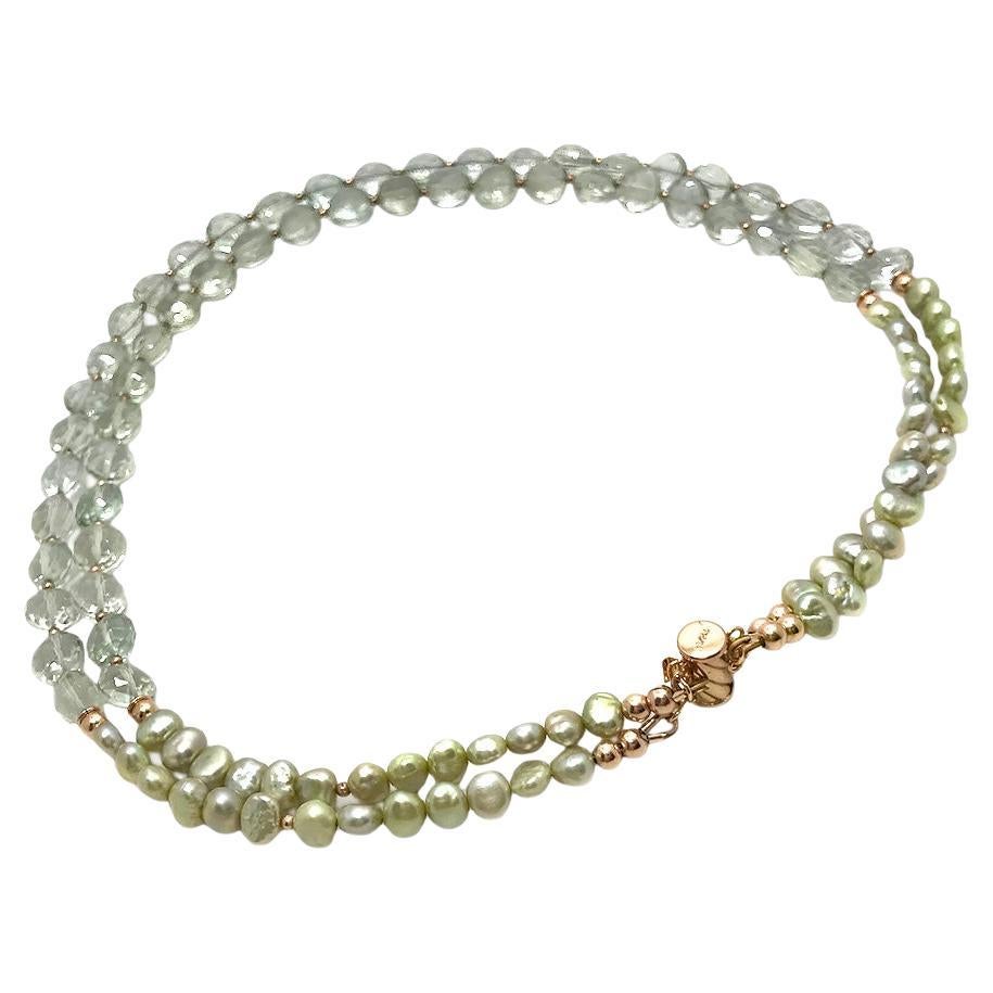 Perlina Collana a doppio filo con prasiolite, perle e oro rosa 14 carati in vendita