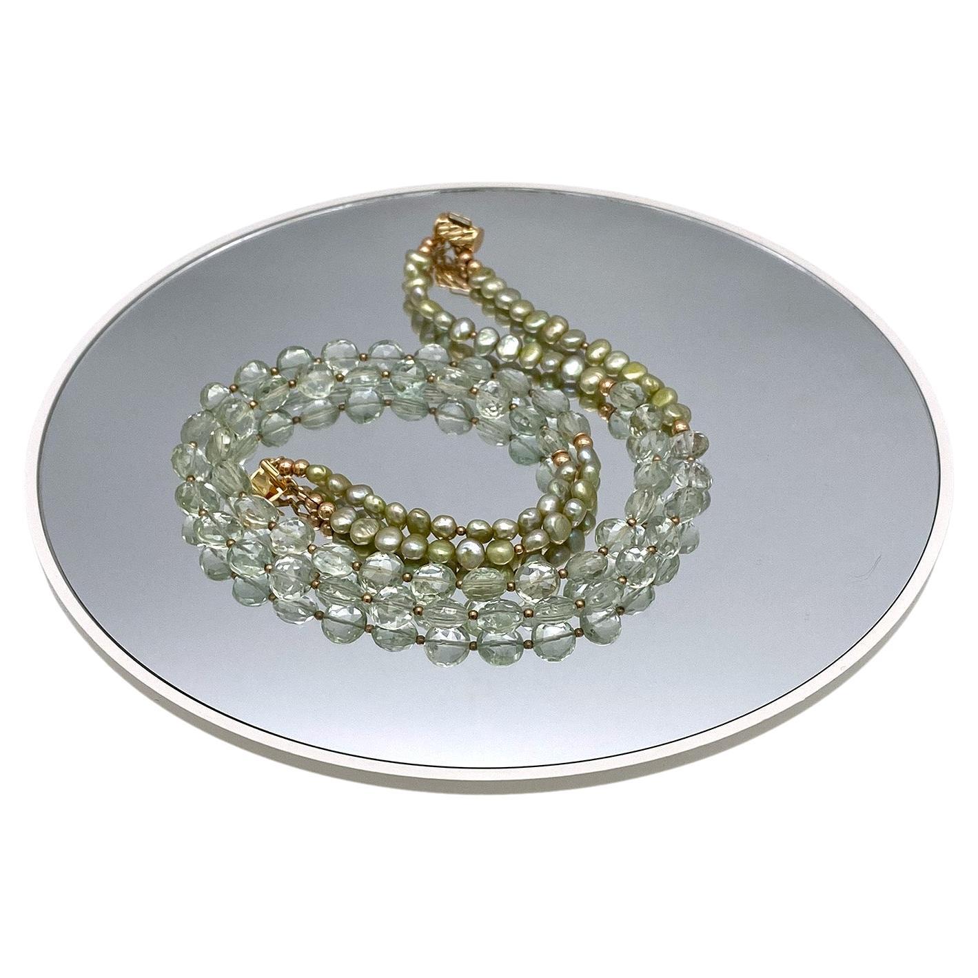 Collana a doppio filo con prasiolite, perle e oro rosa 14 carati in vendita 1