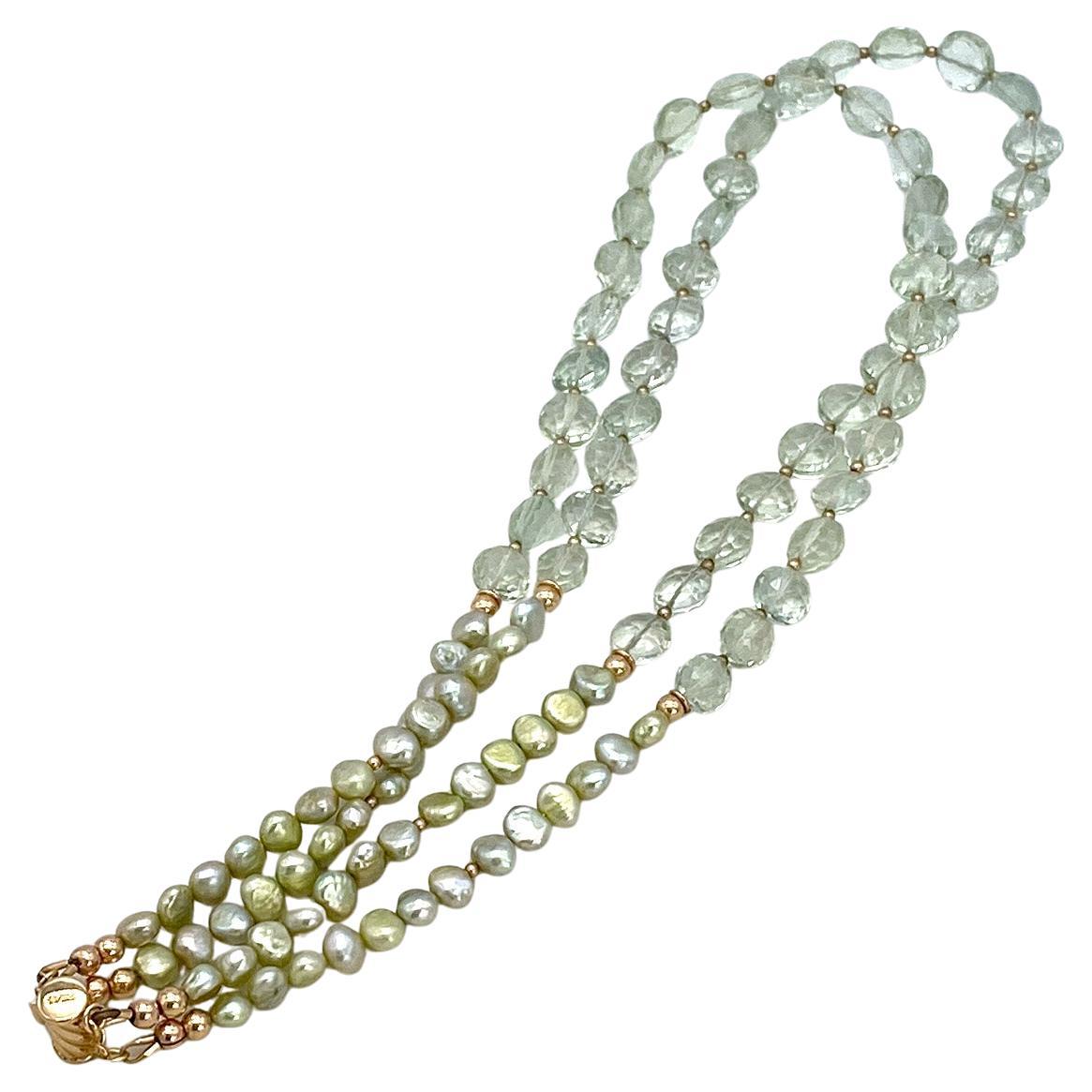 Collana a doppio filo con prasiolite, perle e oro rosa 14 carati in vendita 2