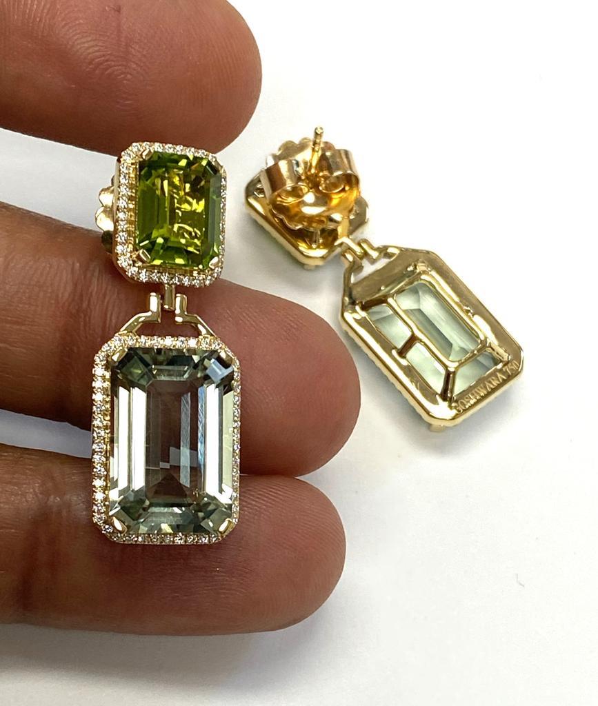 Prasiolite & Peridot Emerald Cut Earrings With Diamonds in 18k Yellow Gold, from 'Gossip' Collection

Stone Size: 9 X 7 mm & 10 x 15 mm

Gemstone Weight: 18.42 Carats

Diamond: G-H / VS, Approx Wt: 0.41 Carats
