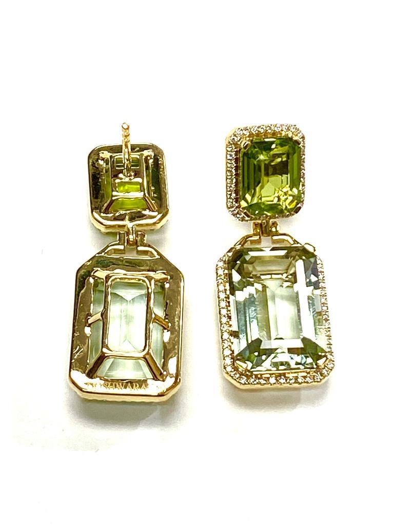Ohrringe aus Prasiolith und Peridot mit Diamant im Smaragdschliff vonshwara im Zustand „Neu“ in New York, NY