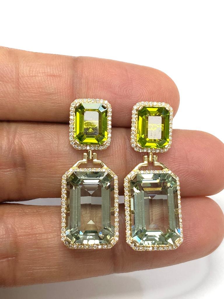 Contemporary Goshwara Emerald Cut Prasiolite & Peridot With Diamond Earrings For Sale