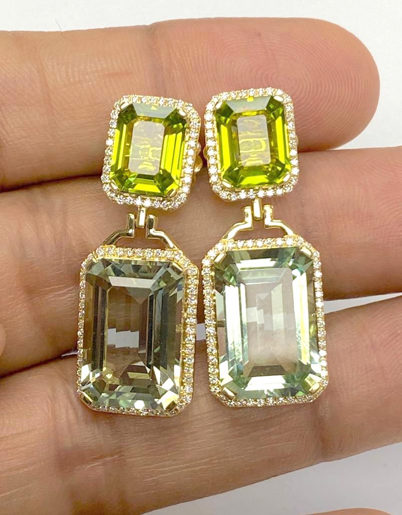 Goshwara Emerald Cut Prasiolite & Peridot With Diamond Earrings In New Condition For Sale In New York, NY
