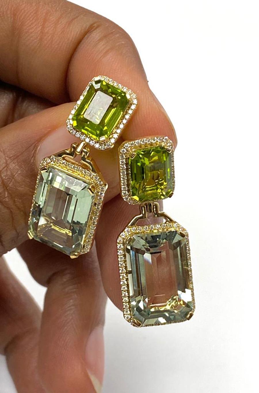 Women's Goshwara Emerald Cut Prasiolite & Peridot With Diamond Earrings For Sale