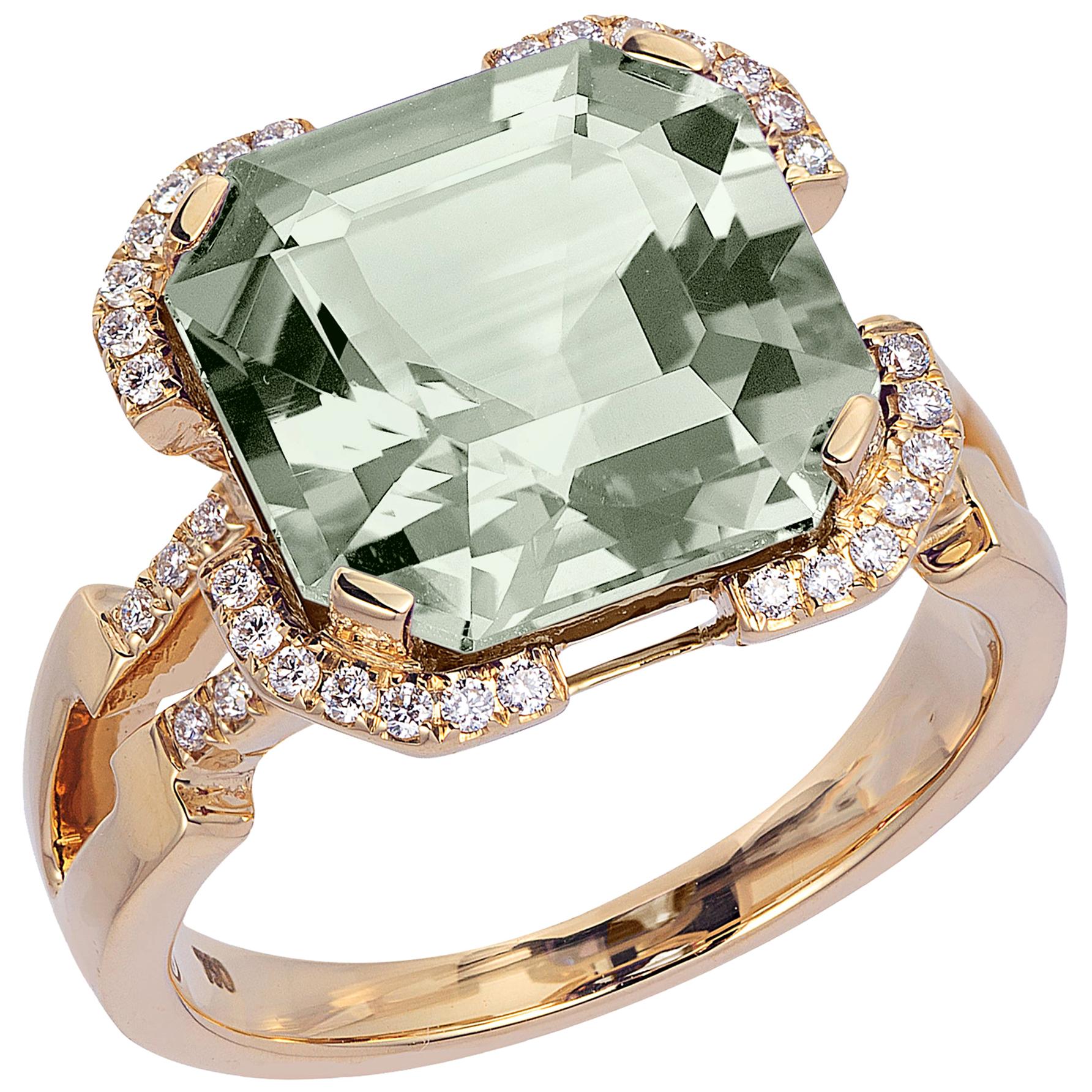 Goshwara Emerald Square Cut Prasiolite And Diamond Ring