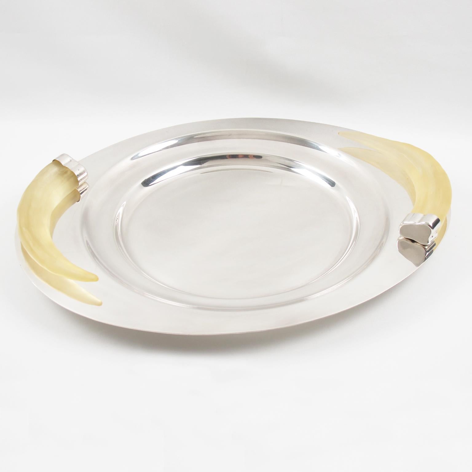 Modern Prata Wolff Silver Plate Platter Tray Centerpiece with Lucite Horn Handles For Sale
