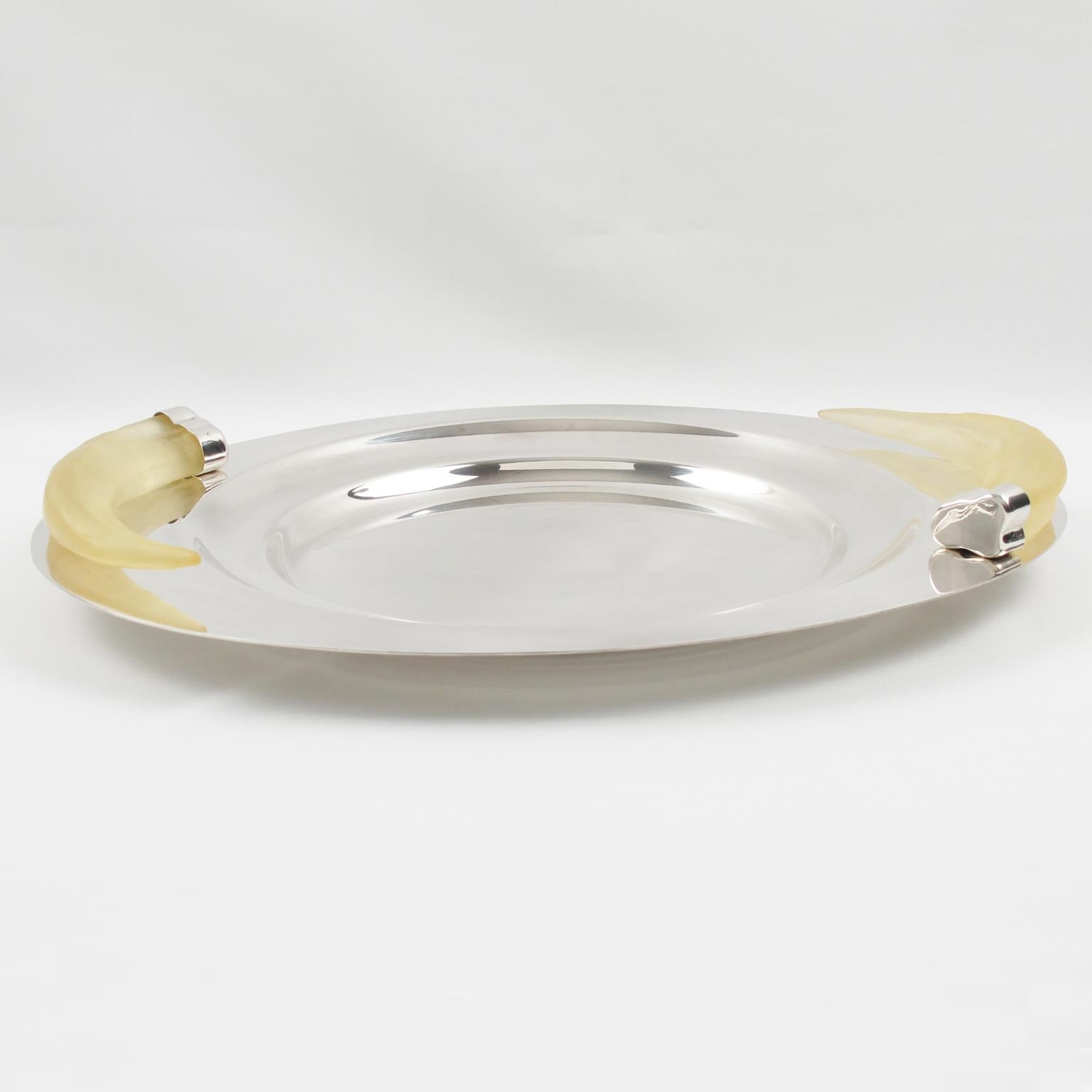 Brazilian Prata Wolff Silver Plate Platter Tray Centerpiece with Lucite Horn Handles For Sale
