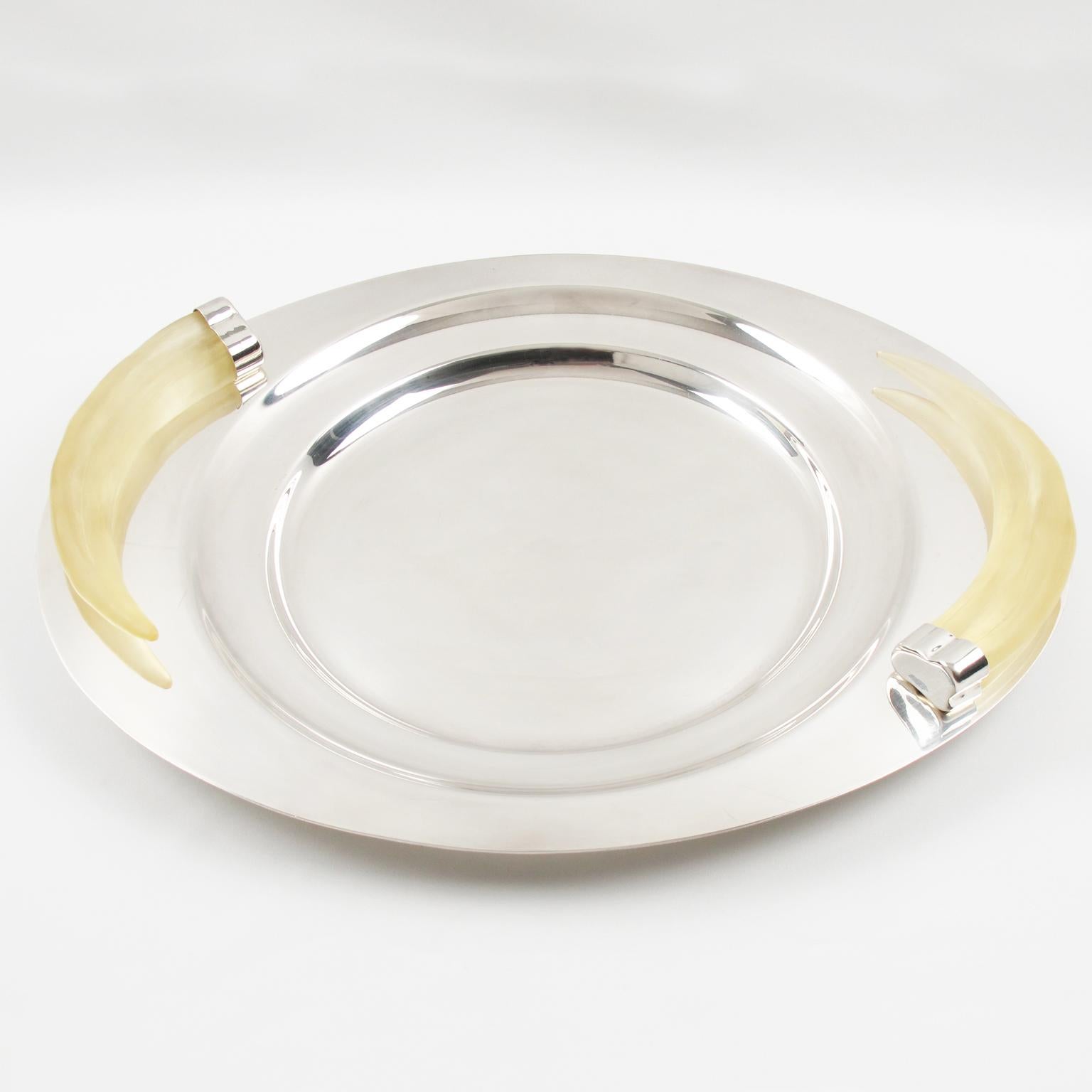 Prata Wolff Silver Plate Platter Tray Centerpiece with Lucite Horn Handles For Sale 1