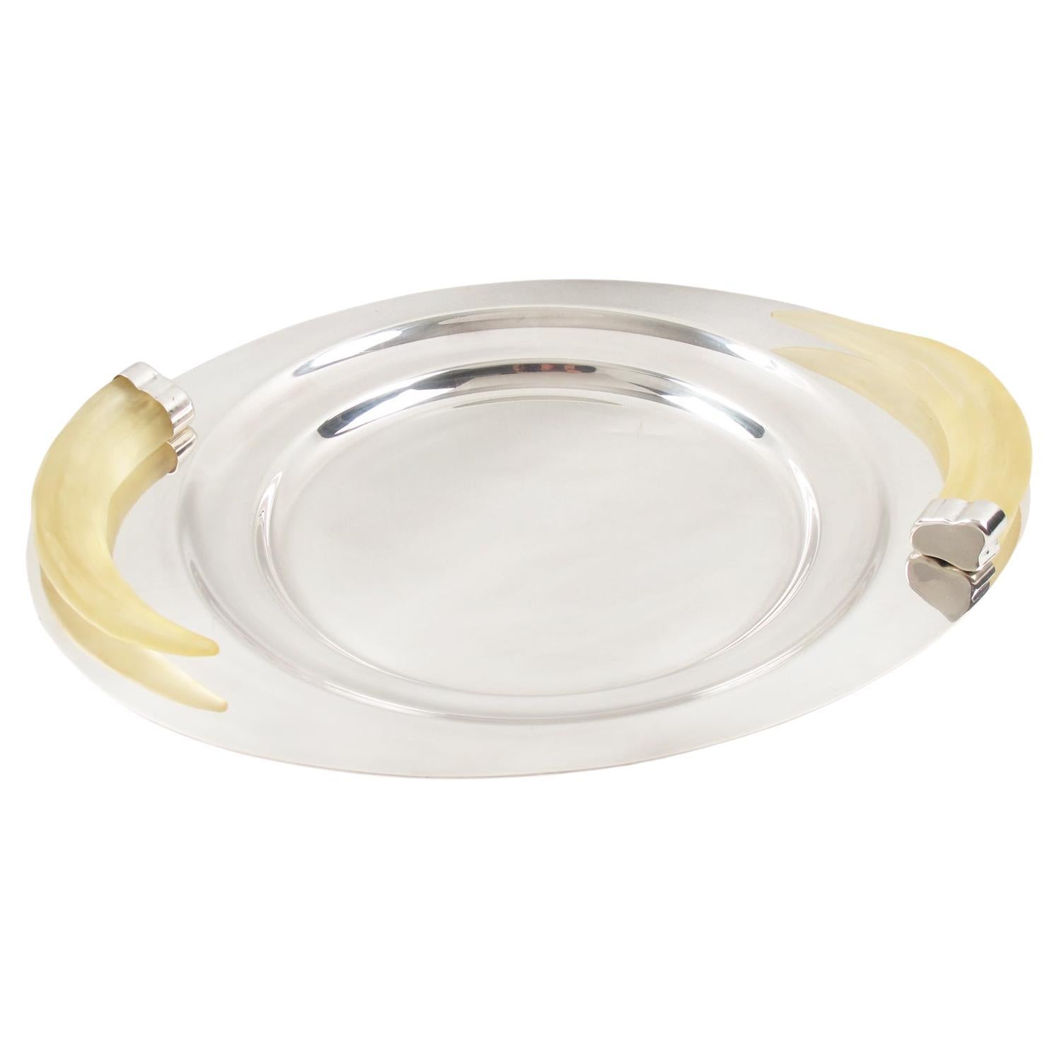 Prata Wolff Silver Plate Platter Tray Centerpiece with Lucite Horn Handles For Sale