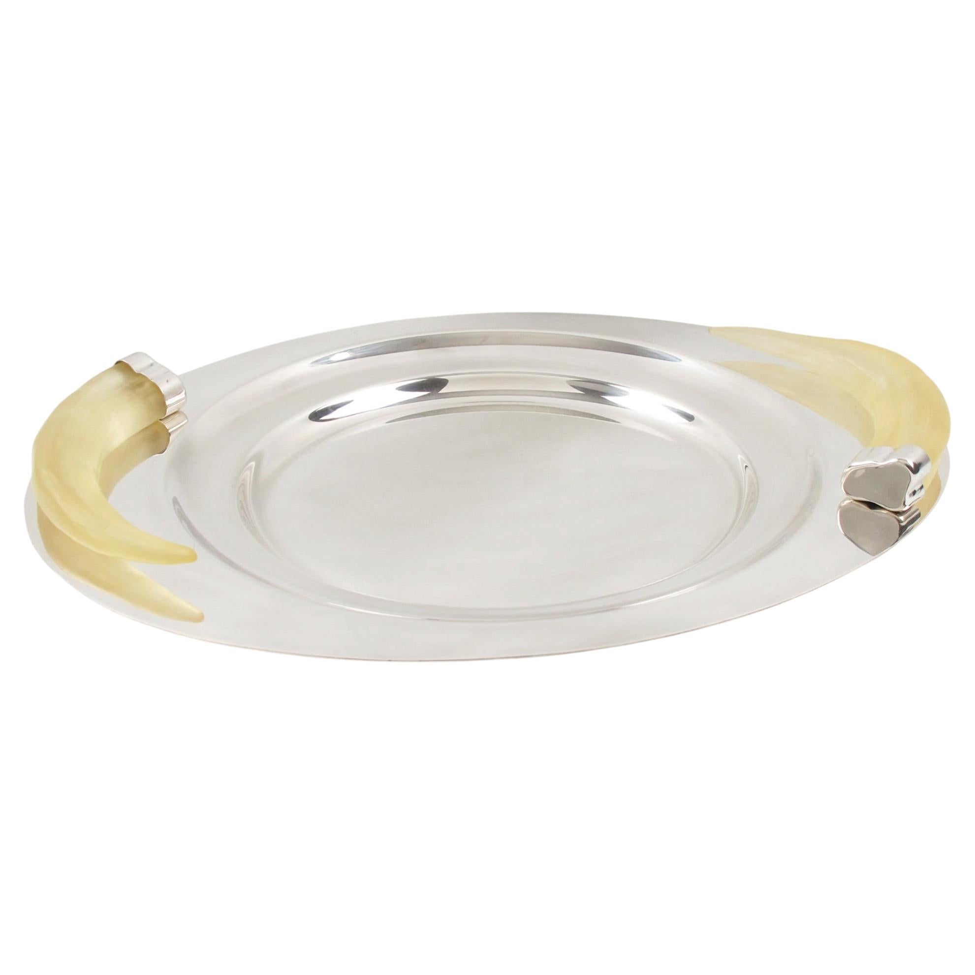 Prata Wolff Silver Plate Platter Tray Centerpiece with Lucite Horn Handles For Sale