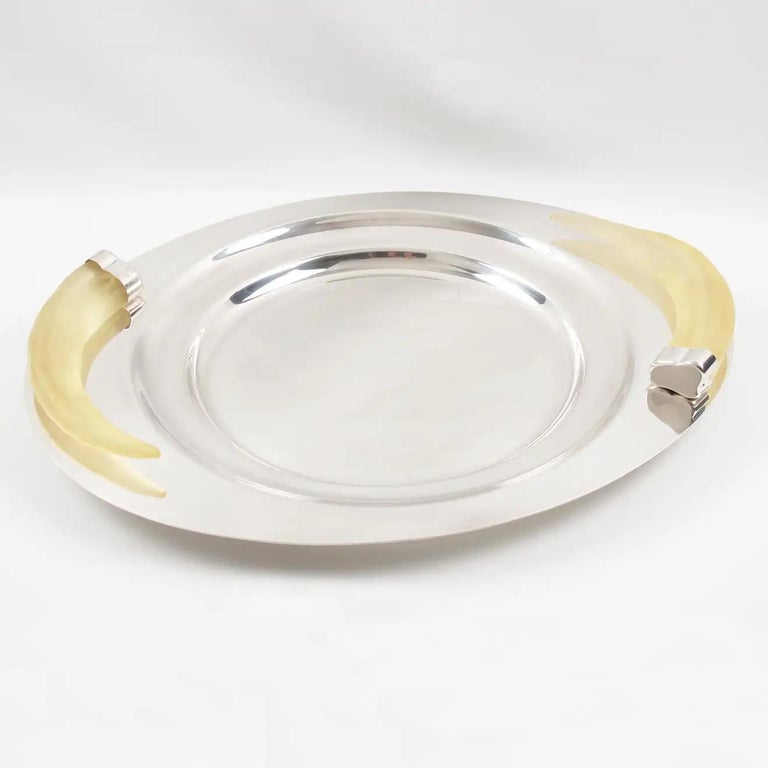 Brazilian Prata Wolff Silver Plate Platter Tray with Lucite Horn Handles For Sale
