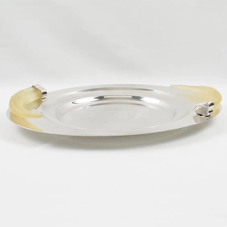 Prata Wolff Silver Plate Platter Tray with Lucite Horn Handles In Good Condition For Sale In Atlanta, GA