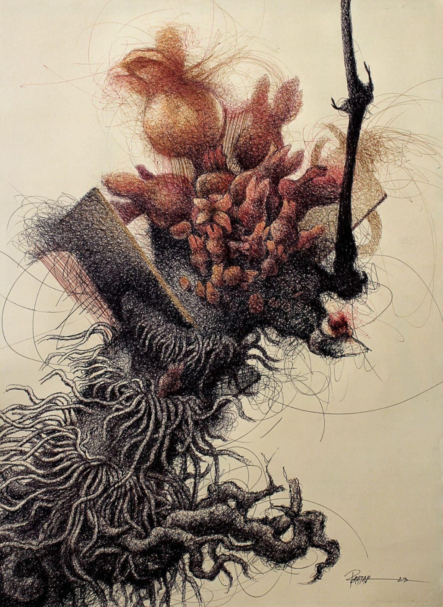 Searching Roots-6, plume et encre sur papier par un artiste indien contemporain En stock - Art de Pratap Chandra Chakraborty