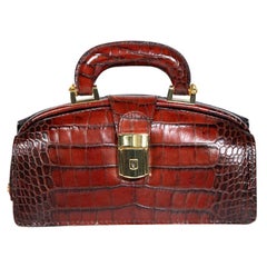 Bolso con asa superior de piel de cocodrilo marrón Pratesi