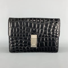 PRATESI Embossed Shiny Black Leather Clutch Mini Briefcase Bag