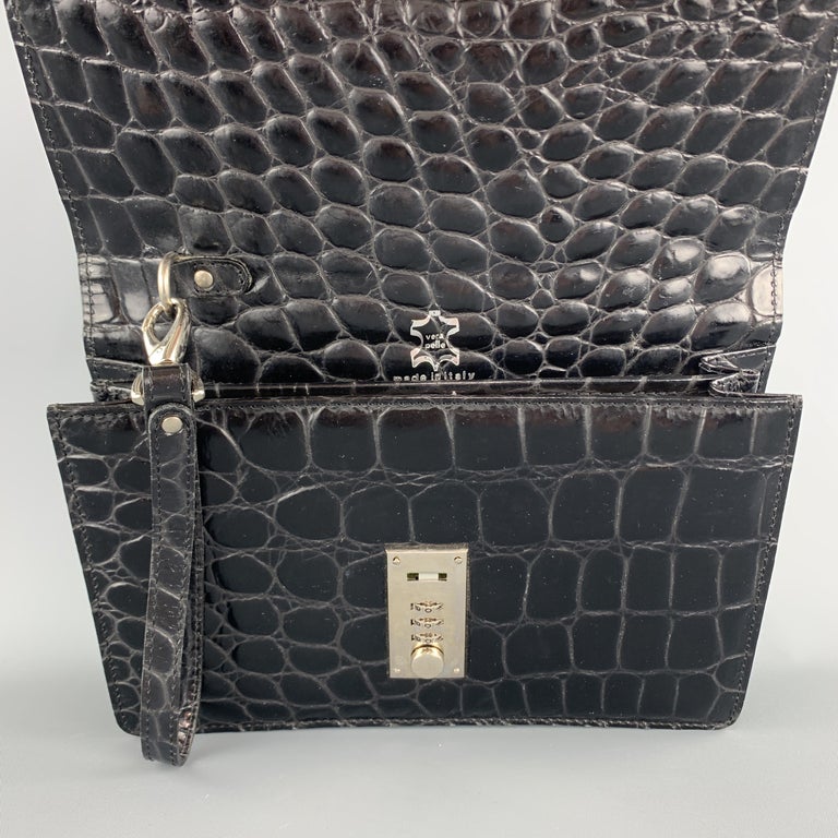 PRATESI Embossed Shiny Black Leather Clutch Mini Briefcase Bag at 1stDibs