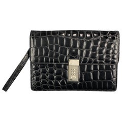 PRATESI Embossed Shiny Black Leather Clutch Mini Briefcase Bag