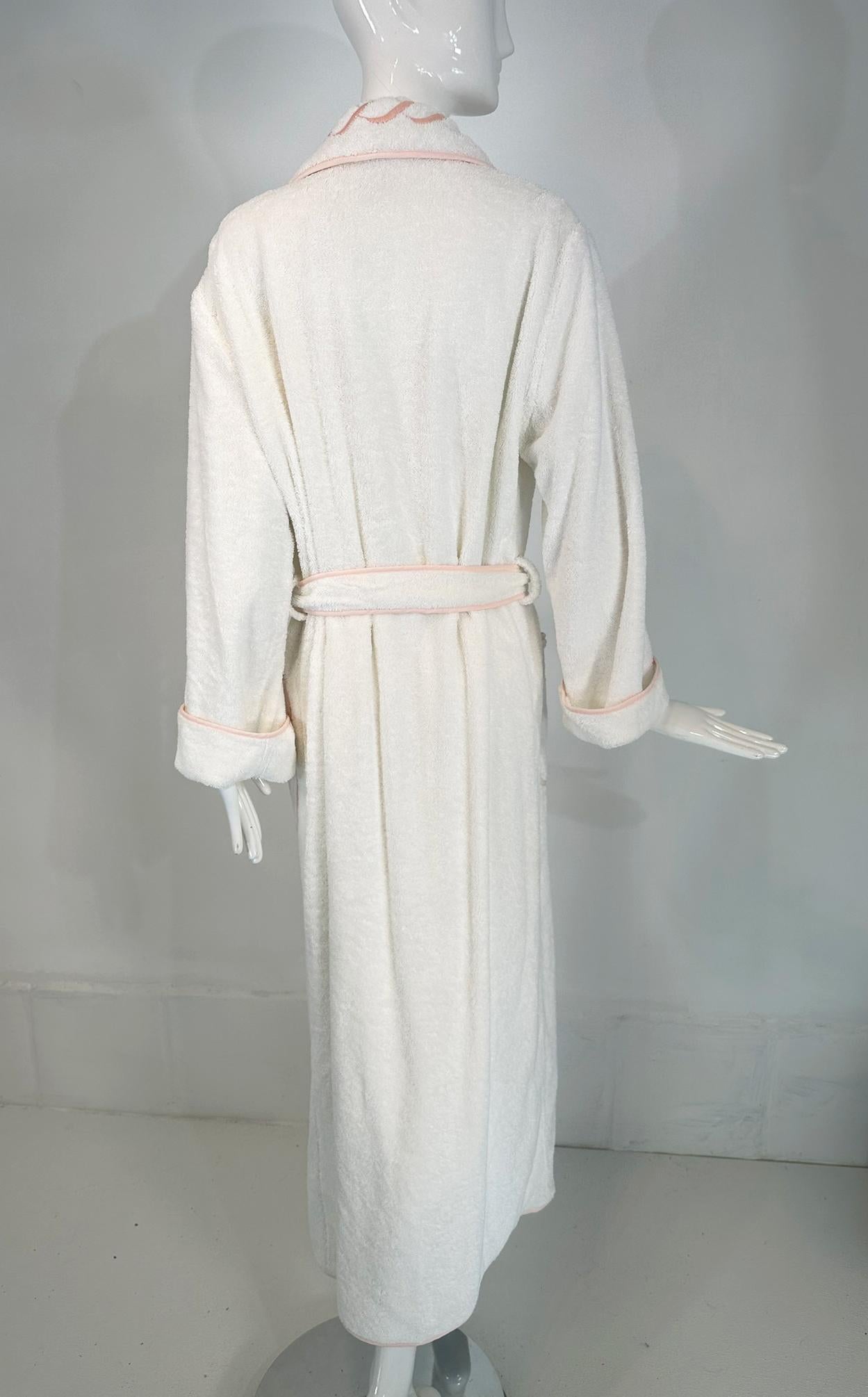 PRATESI Treccia White Soft Thick 100% Cotton Terry Robe Peach Pink Embroidery S For Sale 5