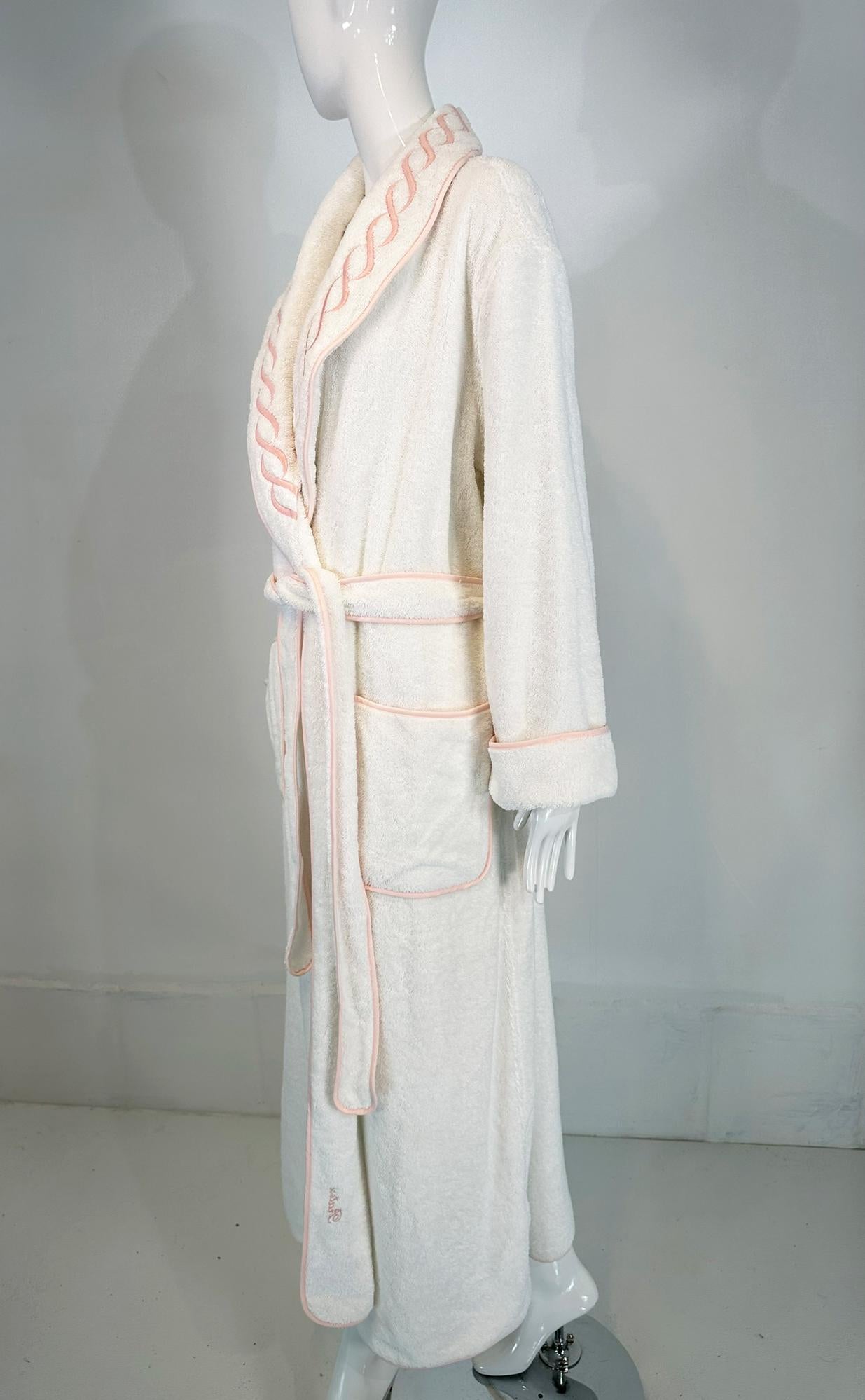 PRATESI Treccia White Soft Thick 100% Cotton Terry Robe Peach Pink Embroidery S For Sale 8