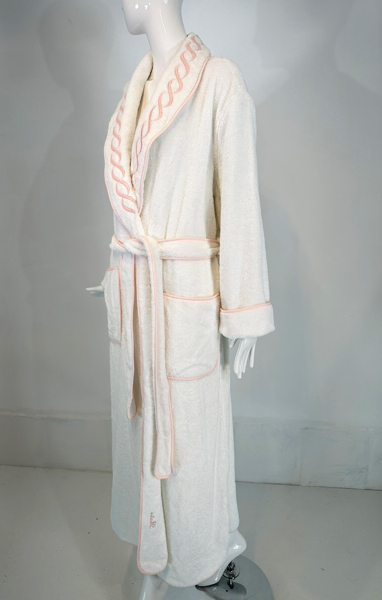 PRATESI Treccia White Soft Thick 100% Cotton Terry Robe Peach Pink Embroidery S For Sale 9