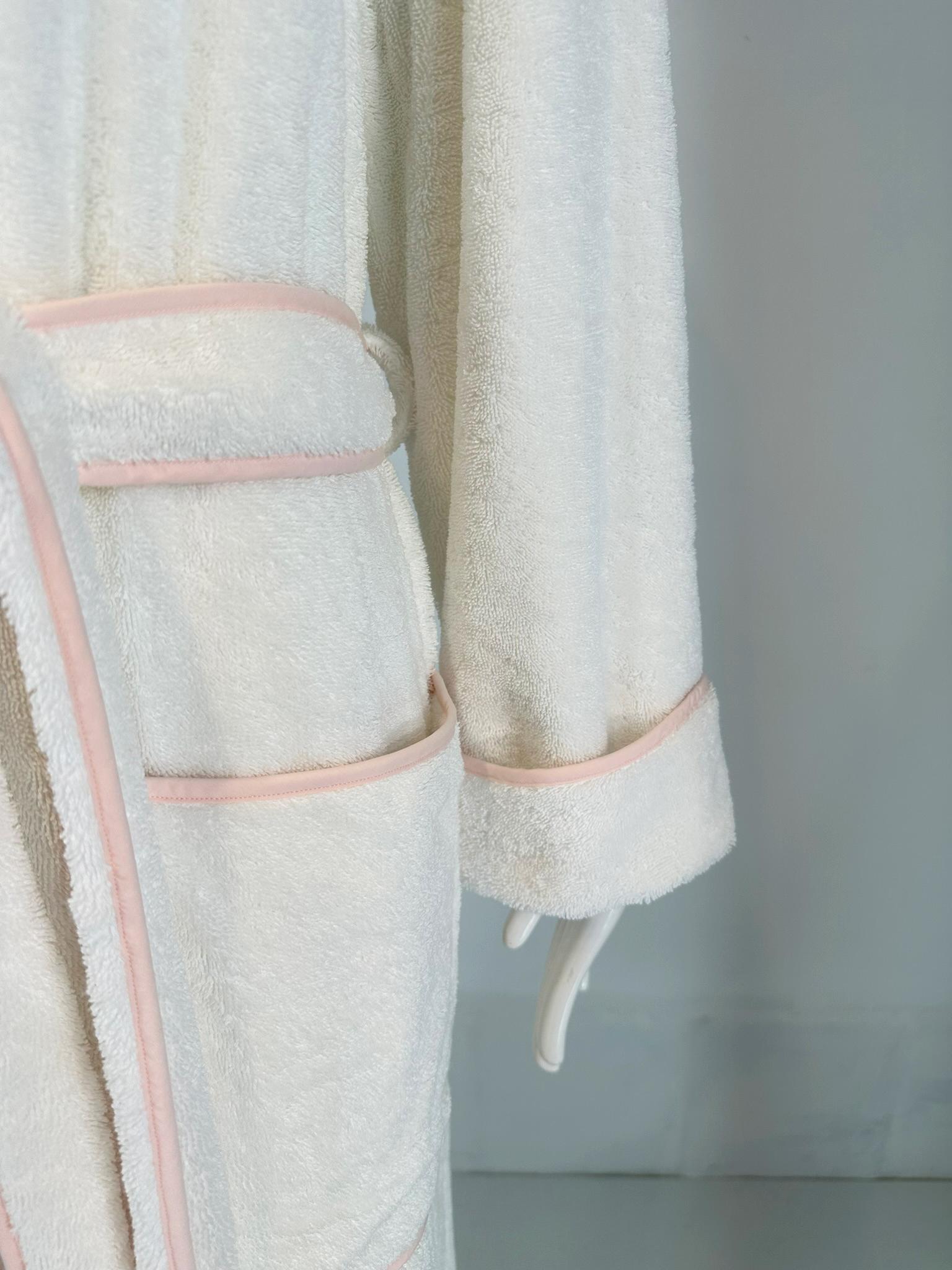 Women's PRATESI Treccia White Soft Thick 100% Cotton Terry Robe Peach Pink Embroidery S For Sale