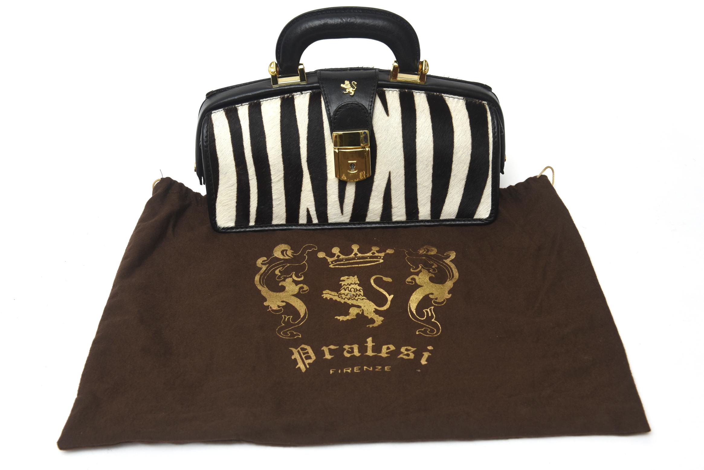 Pratesi Zebra Pony Hair & Black Leather Handbag with Gold Plate Italian Vintage 5