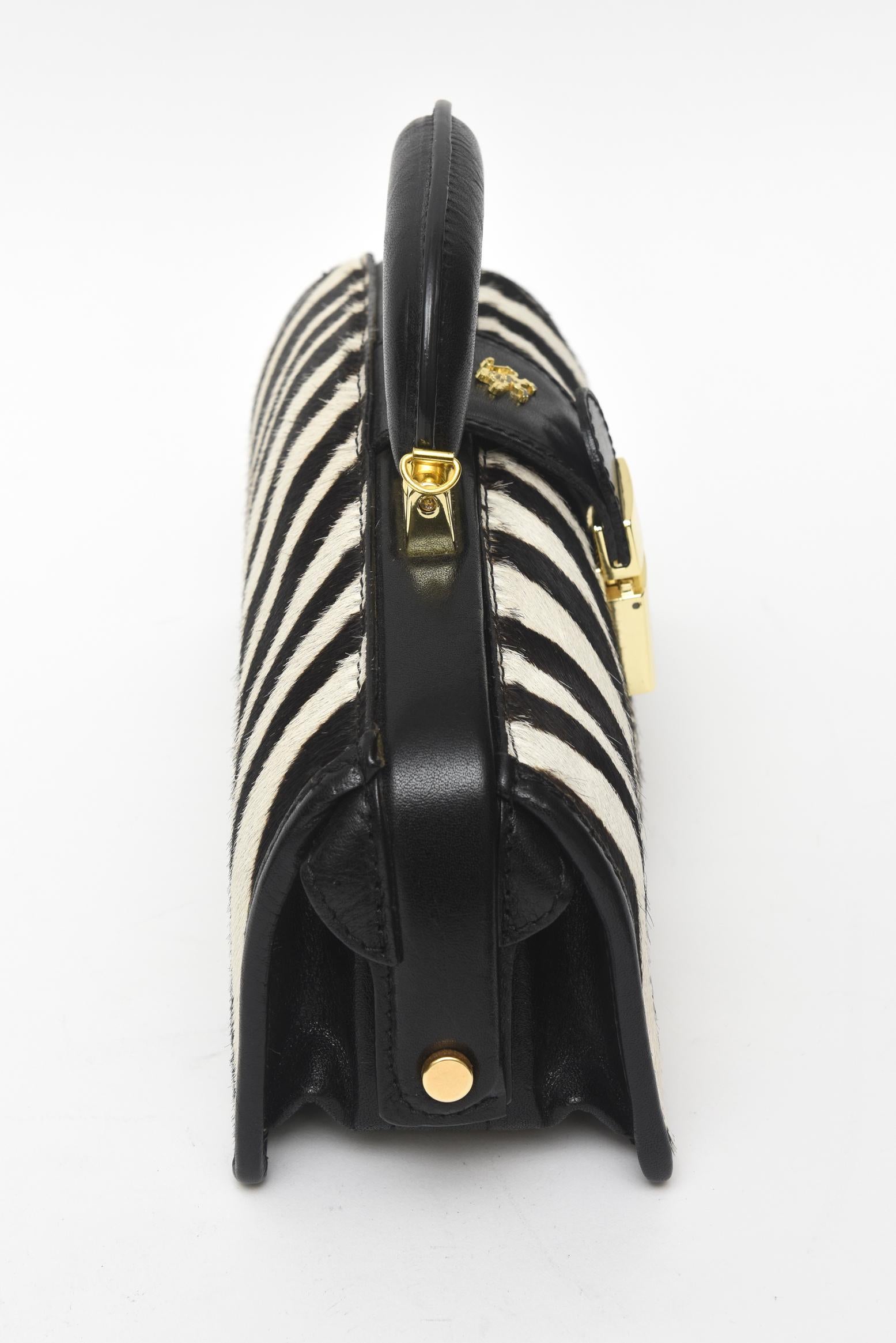 Pratesi Zebra Pony Hair & Black Leather Handbag with Gold Plate Italian Vintage 6
