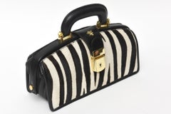 Pratesi Zebra Pony Hair & Black Leather Handbag with Gold Plate Italian Vintage