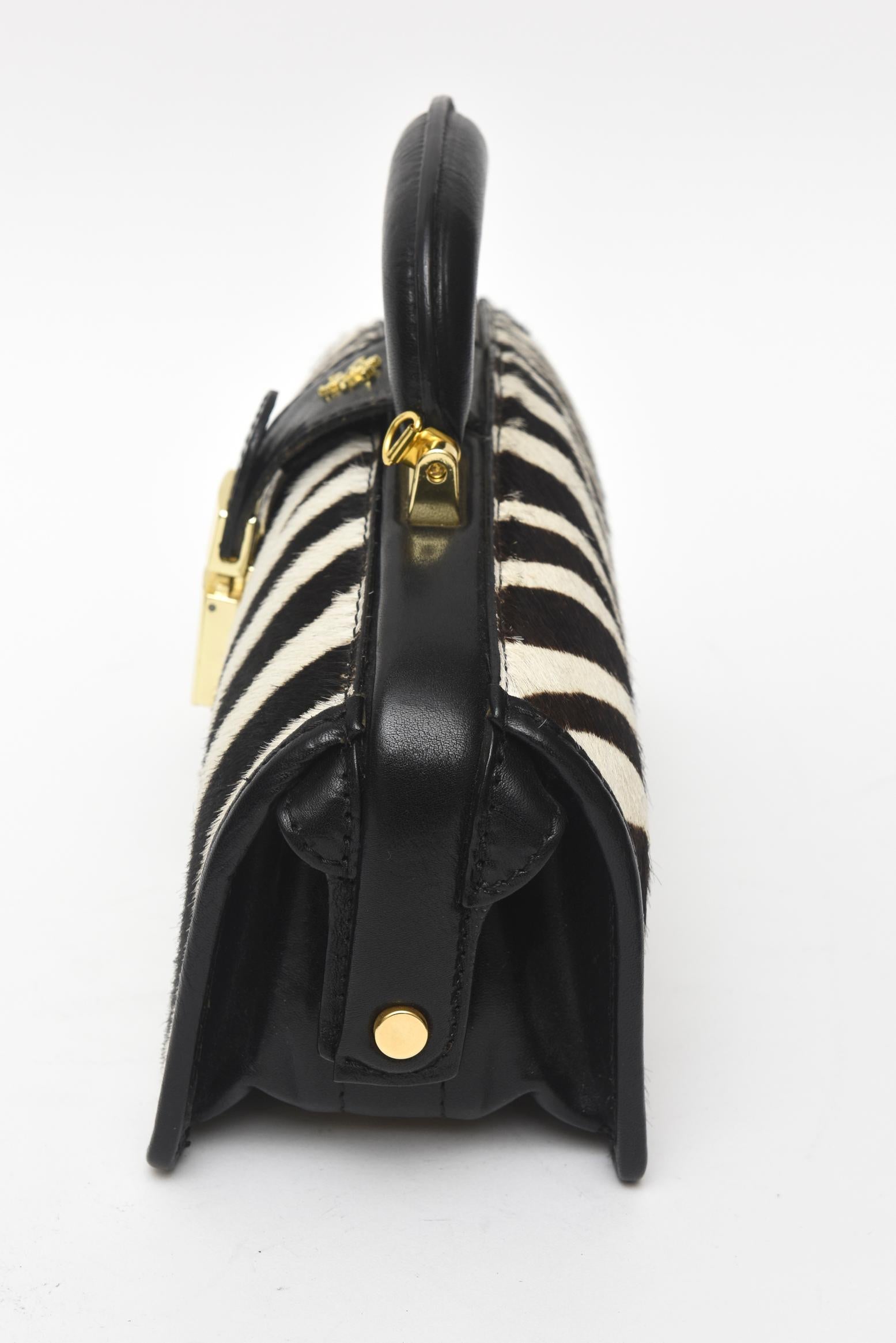 Women's Pratesi Zebra Pony Hair & Black Leather Handbag with Gold Plate Italian Vintage