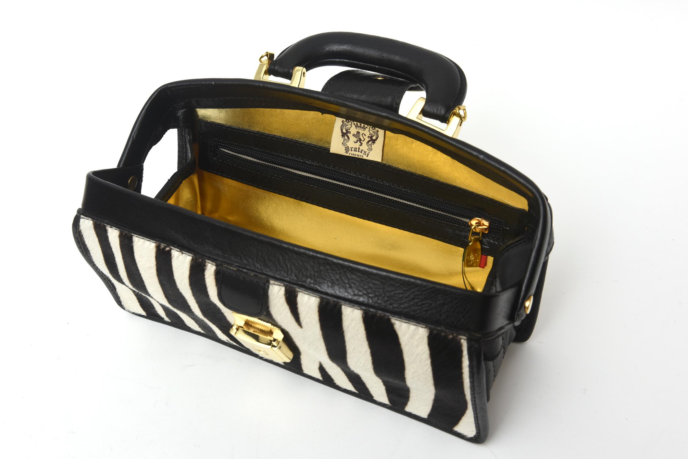 Pratesi Zebra Pony Hair & Black Leather Handbag with Gold Plate Italian Vintage 1