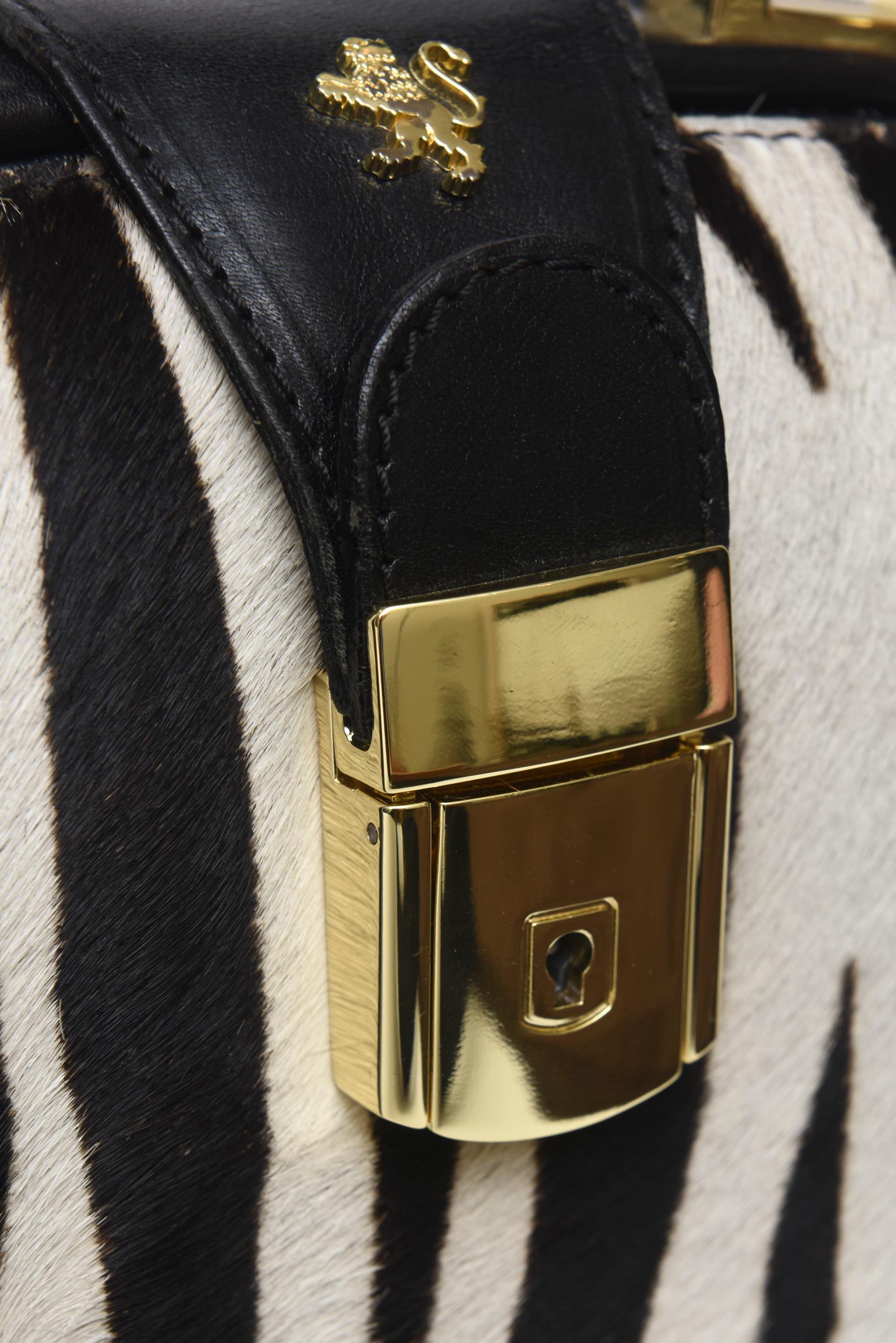 Pratesi Zebra Pony Hair & Black Leather Handbag with Gold Plate Italian Vintage 4