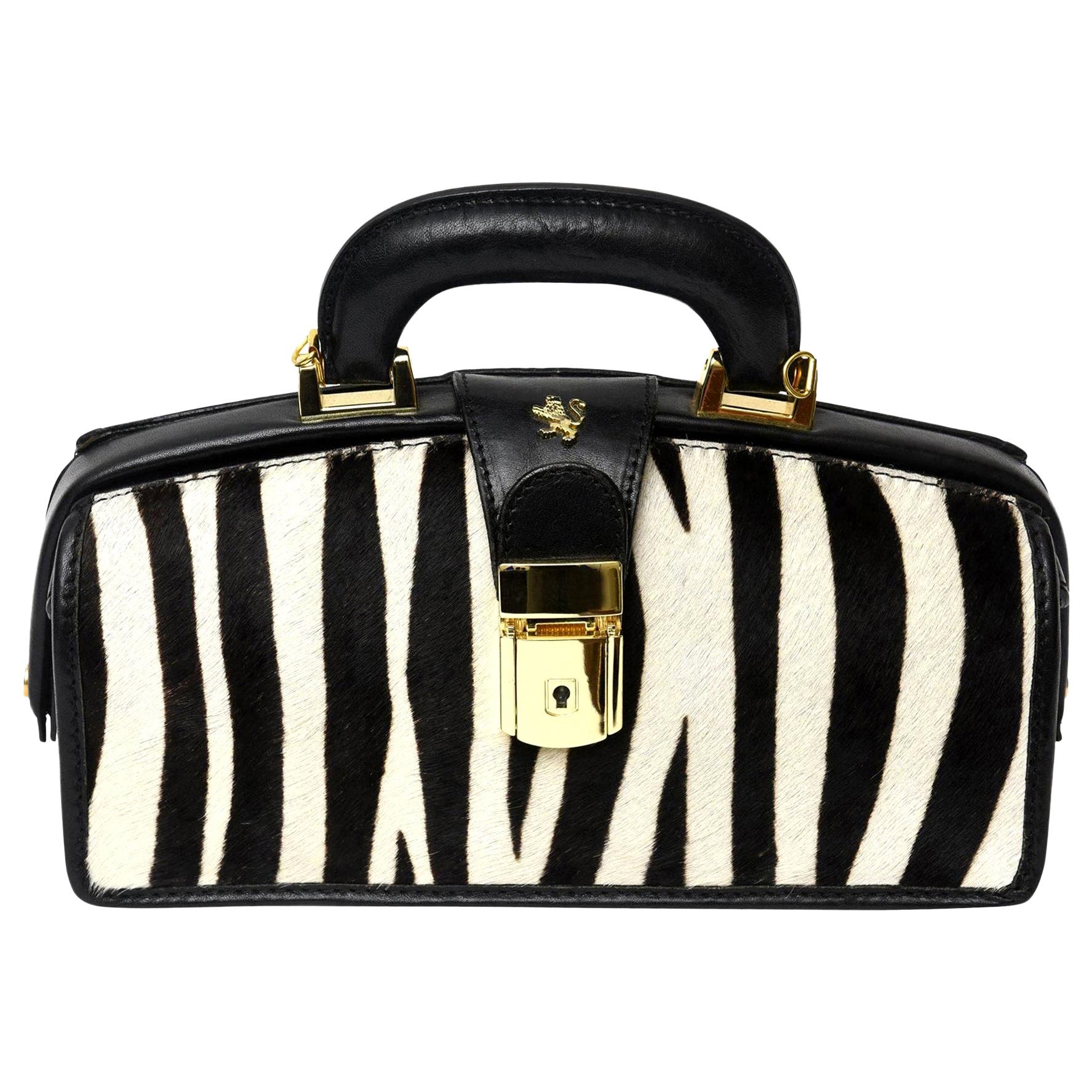 Pratesi Zebra Pony Hair & Black Leather Handbag with Gold Plate Italian Vintage