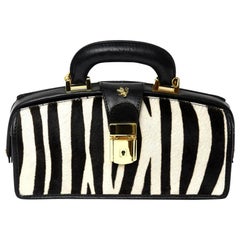 Pratesi Zebra Pony Hair & Black Leather Handbag with Gold Plate Italian Vintage