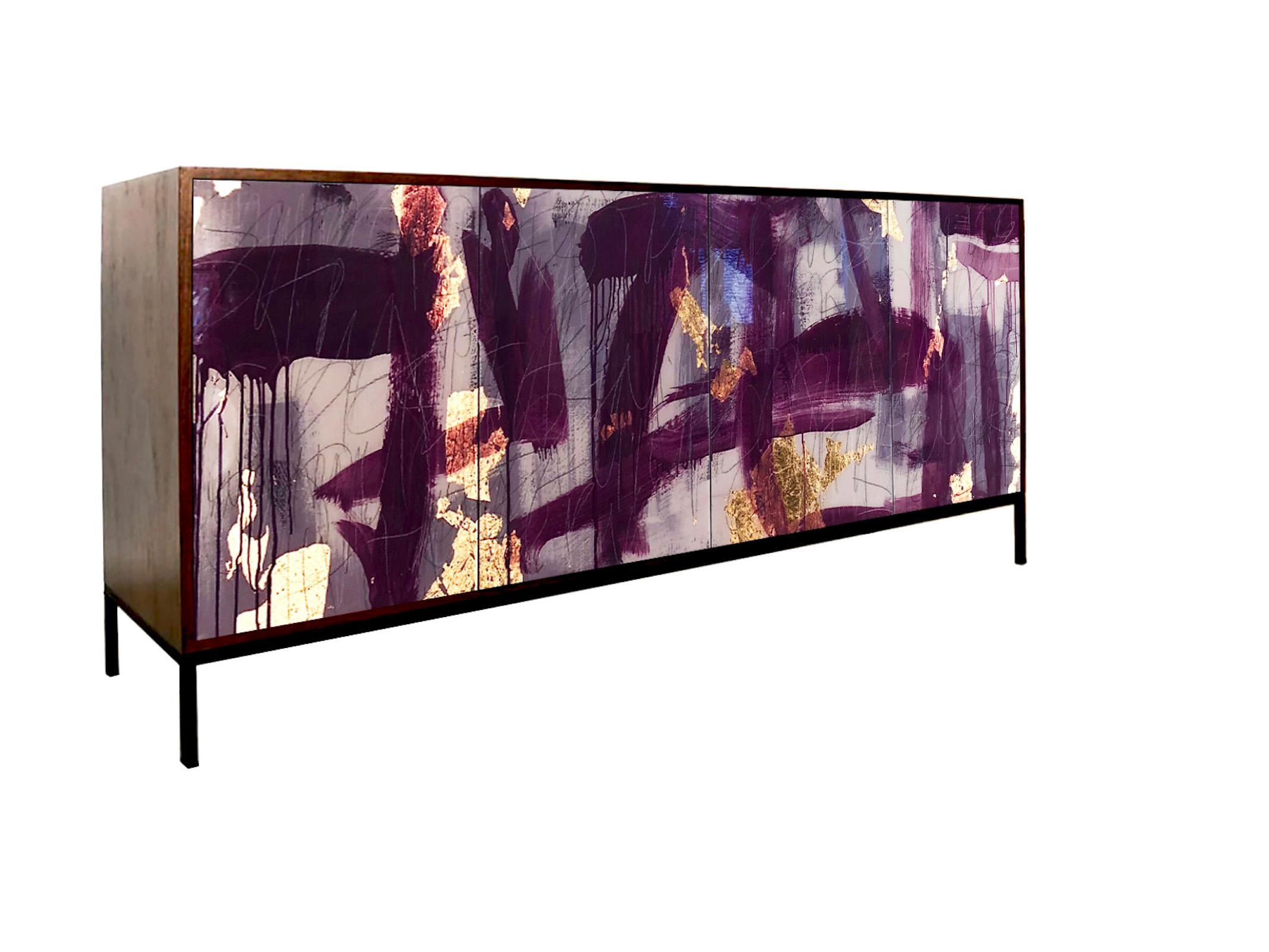 The Pratt Credenza is designed and finished by hand in our Toronto studio, Morgan Clayhall

The artwork is created by artist, Murray Duncan. Abstract in nature but contain movement with in the border of the dege of each doors.
The cabinet is one of