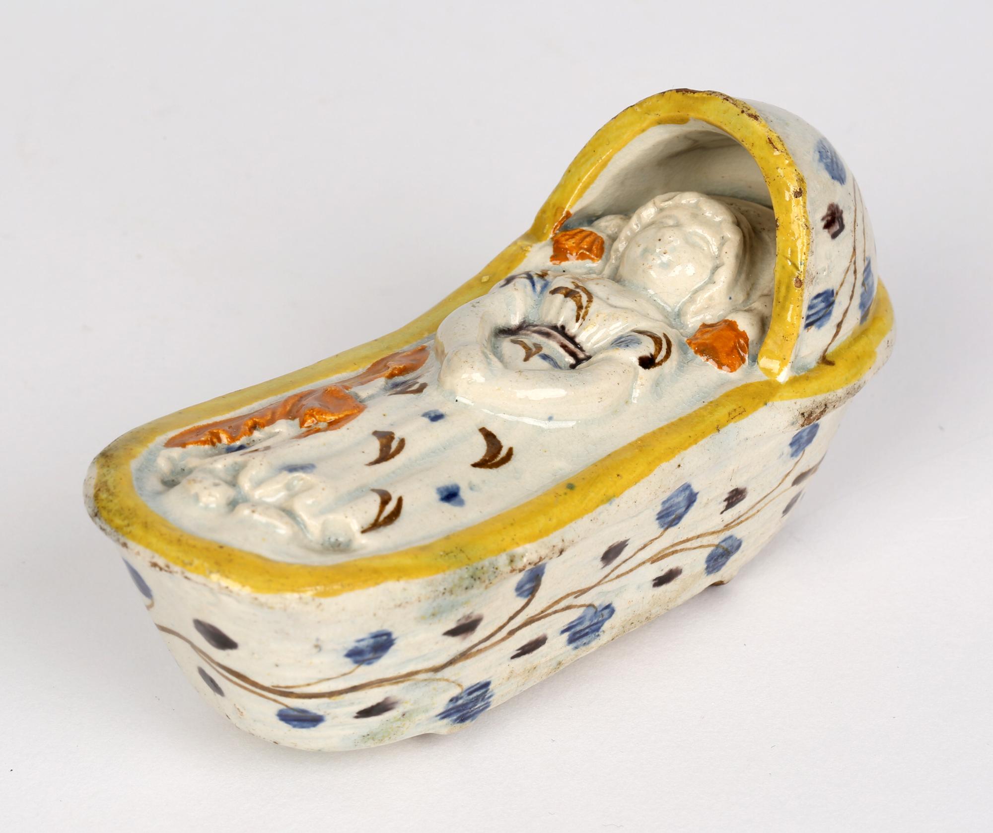 George III Prattware English Pottery Cradle with a Sleeping Child For Sale
