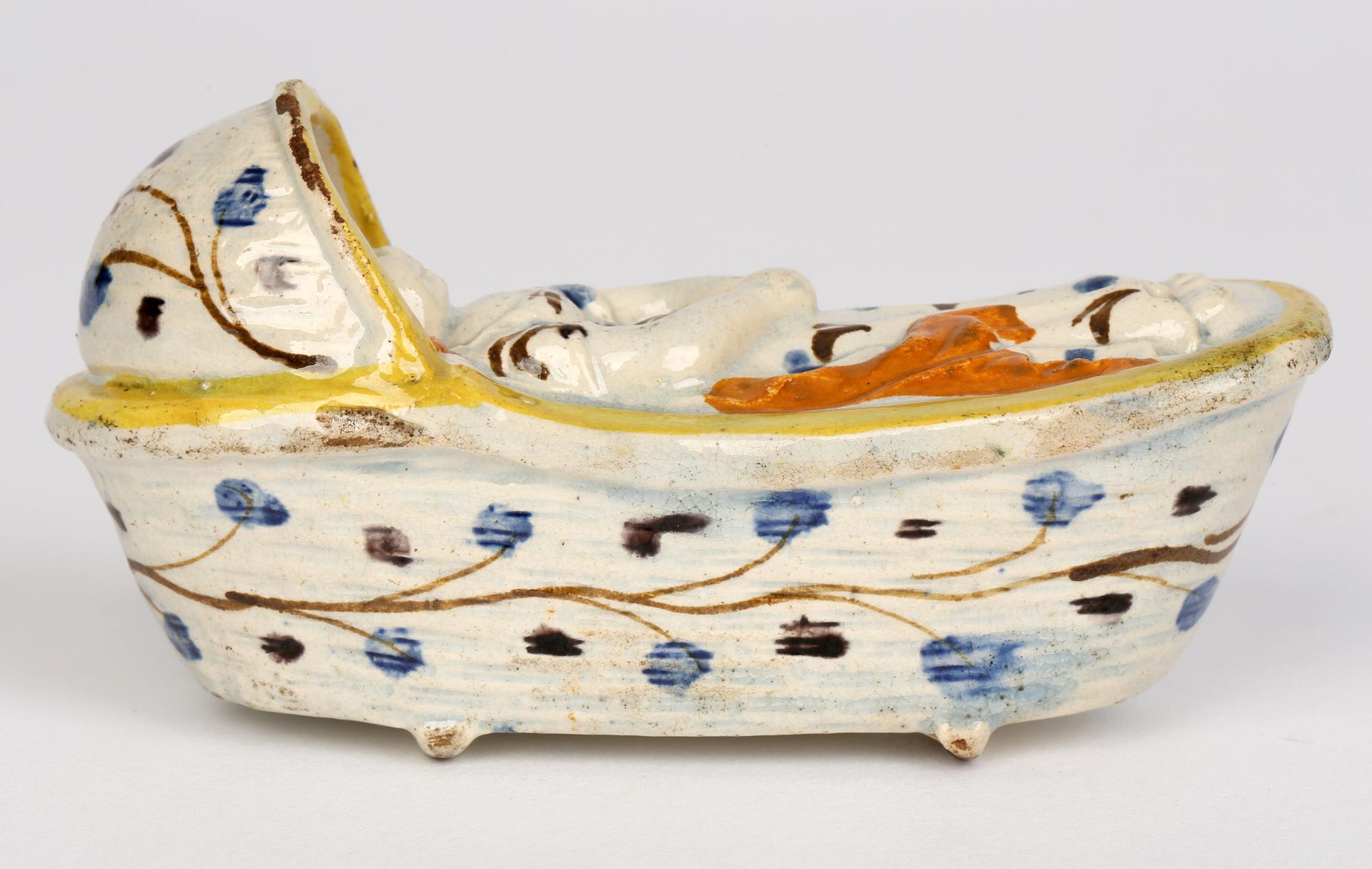 Prattware English Pottery Cradle with a Sleeping Child In Good Condition For Sale In Bishop's Stortford, Hertfordshire