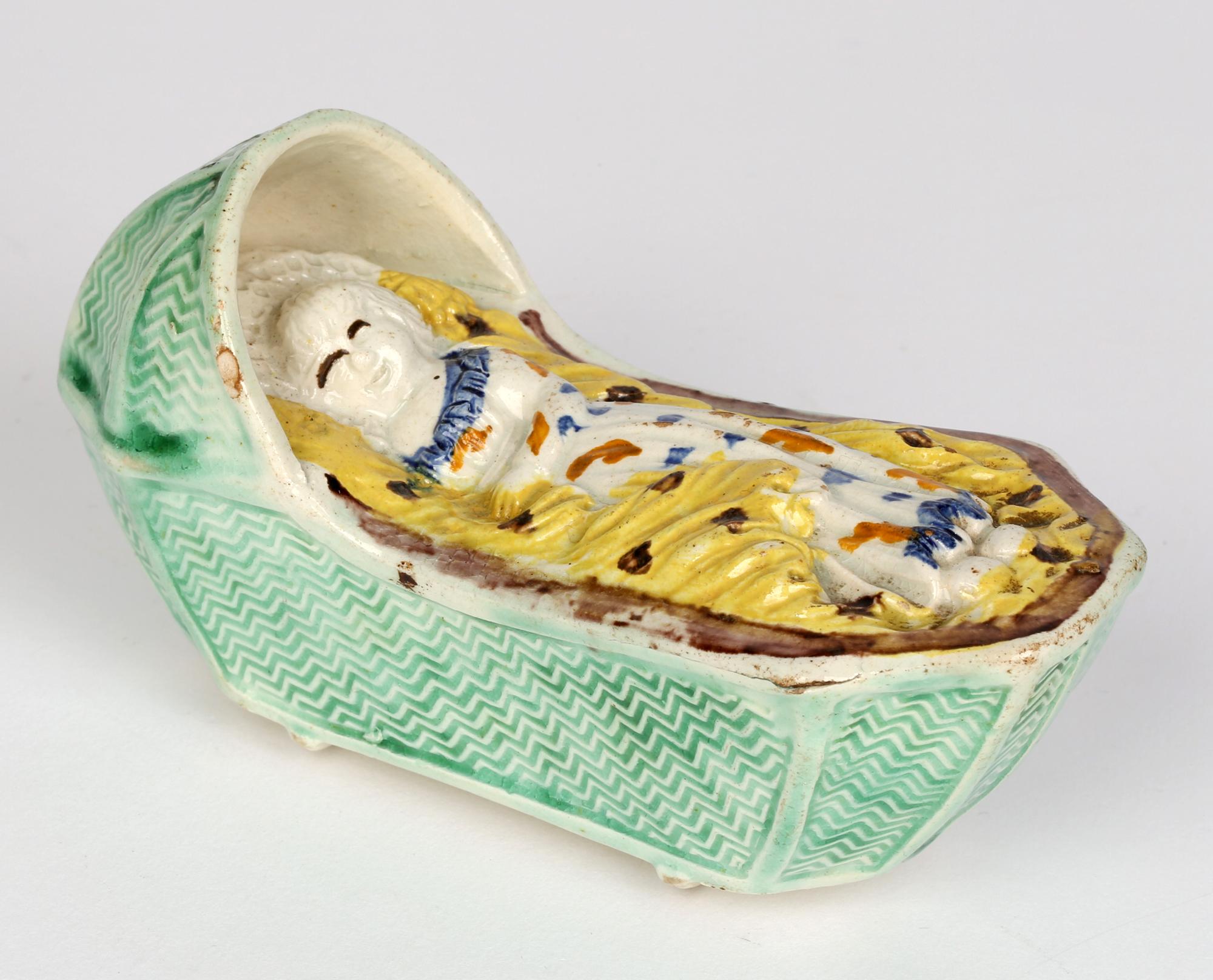 Prattware English Pottery Cradle with a Sleeping Child In Good Condition For Sale In Bishop's Stortford, Hertfordshire