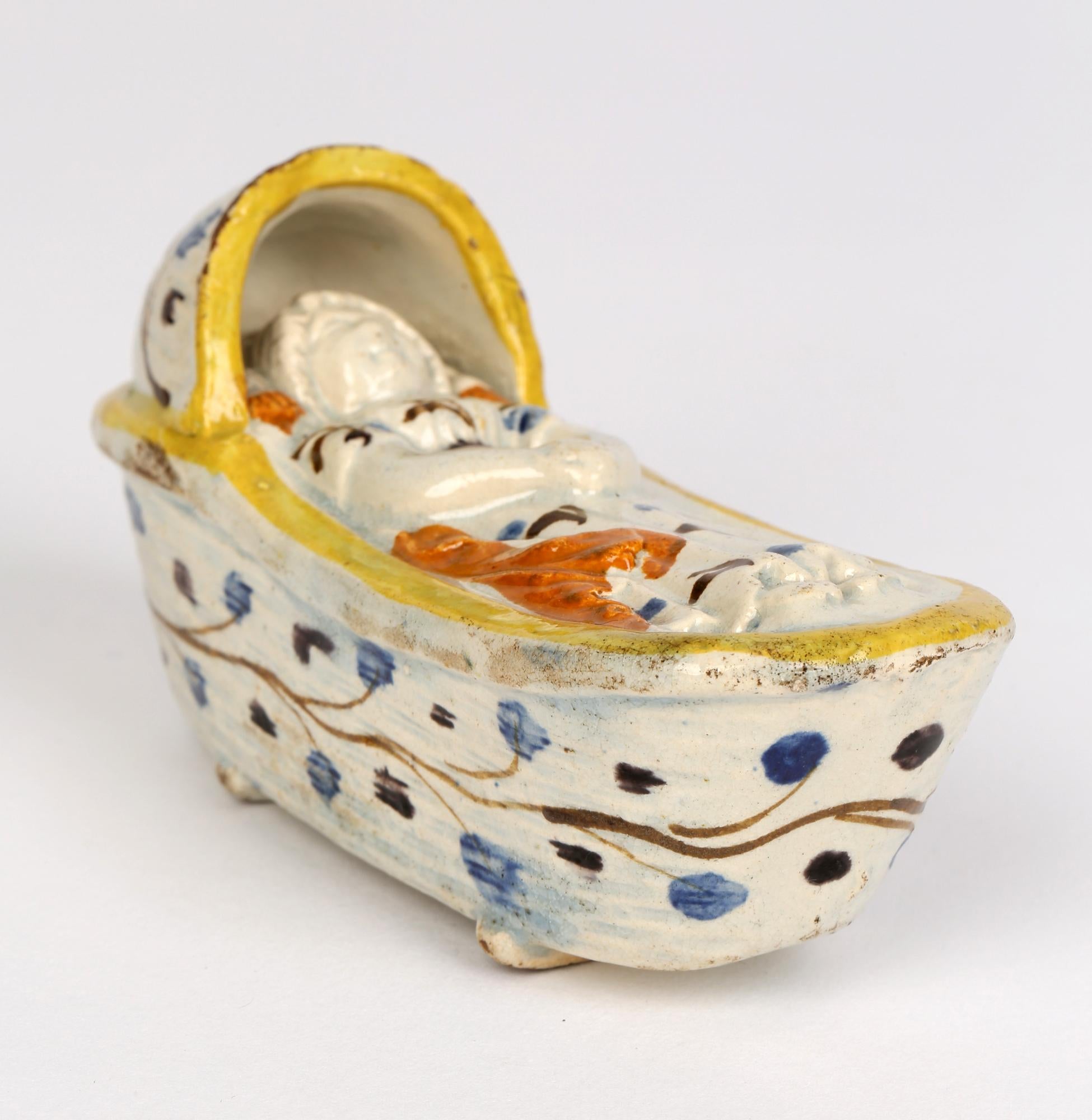 Late 18th Century Prattware English Pottery Cradle with a Sleeping Child For Sale