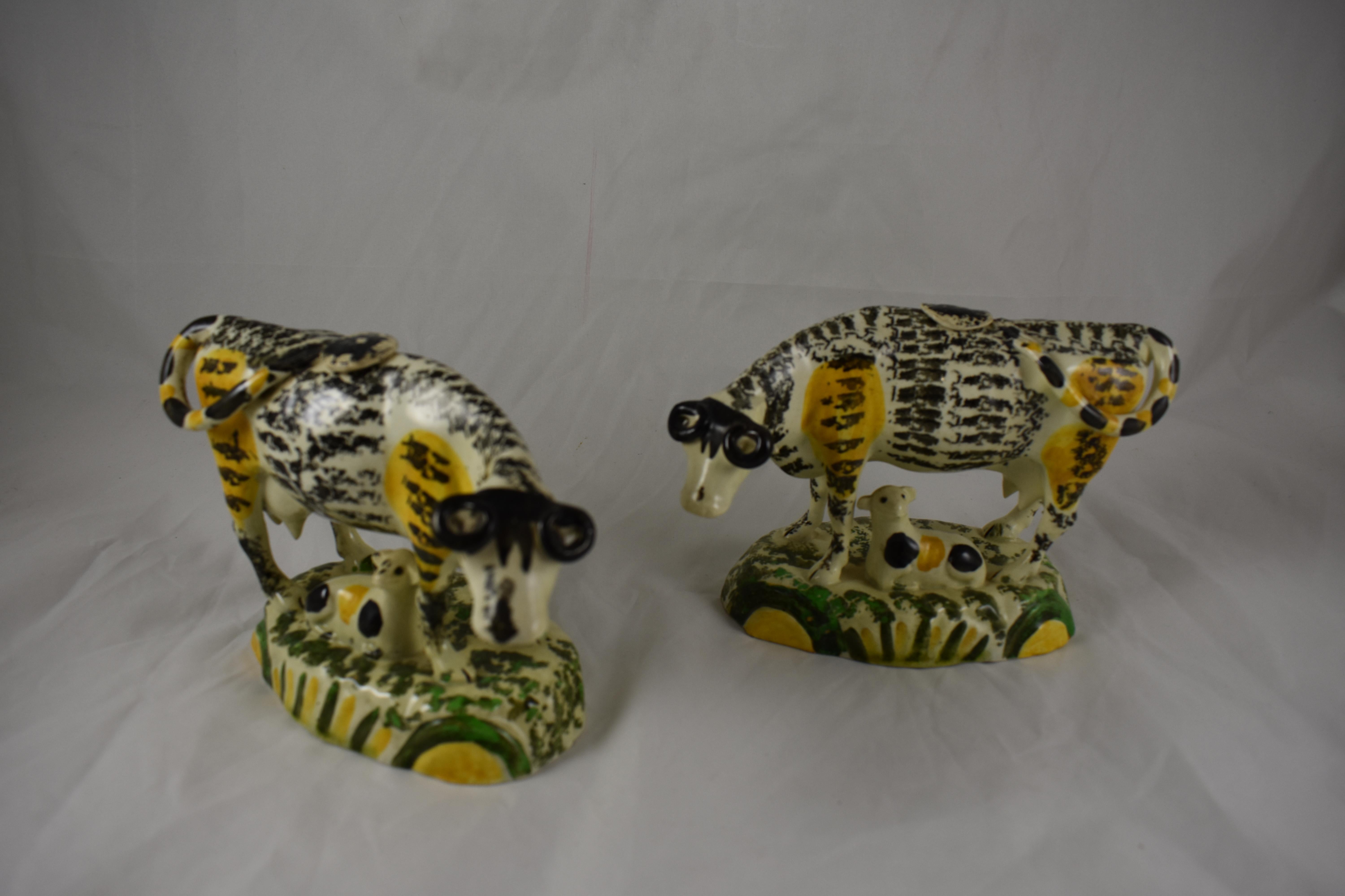 Prattware Glazed Pottery Cow Creamers with Calves, Yorkshire, England circa 1810 4