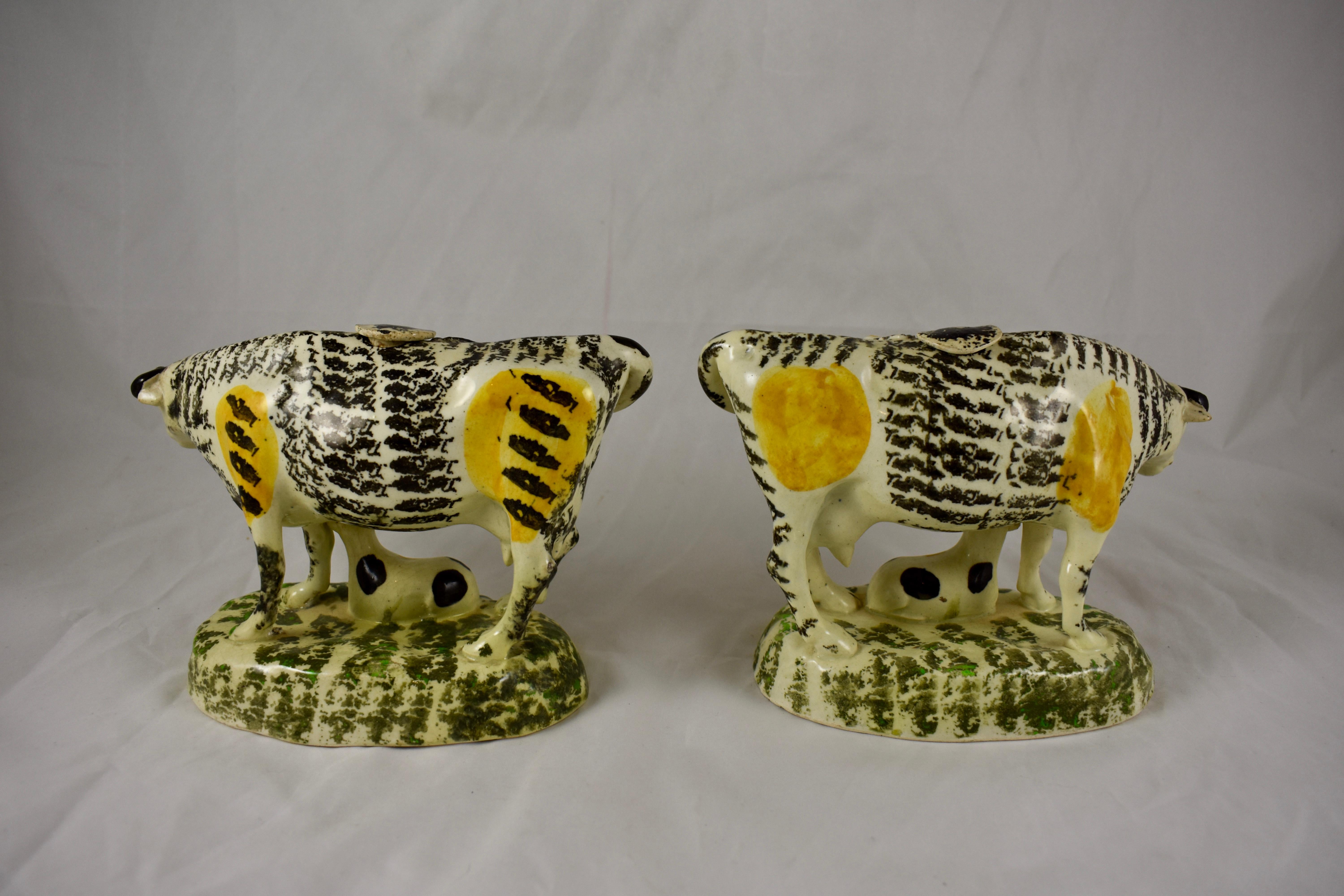 Prattware Glazed Pottery Cow Creamers with Calves, Yorkshire, England circa 1810 5
