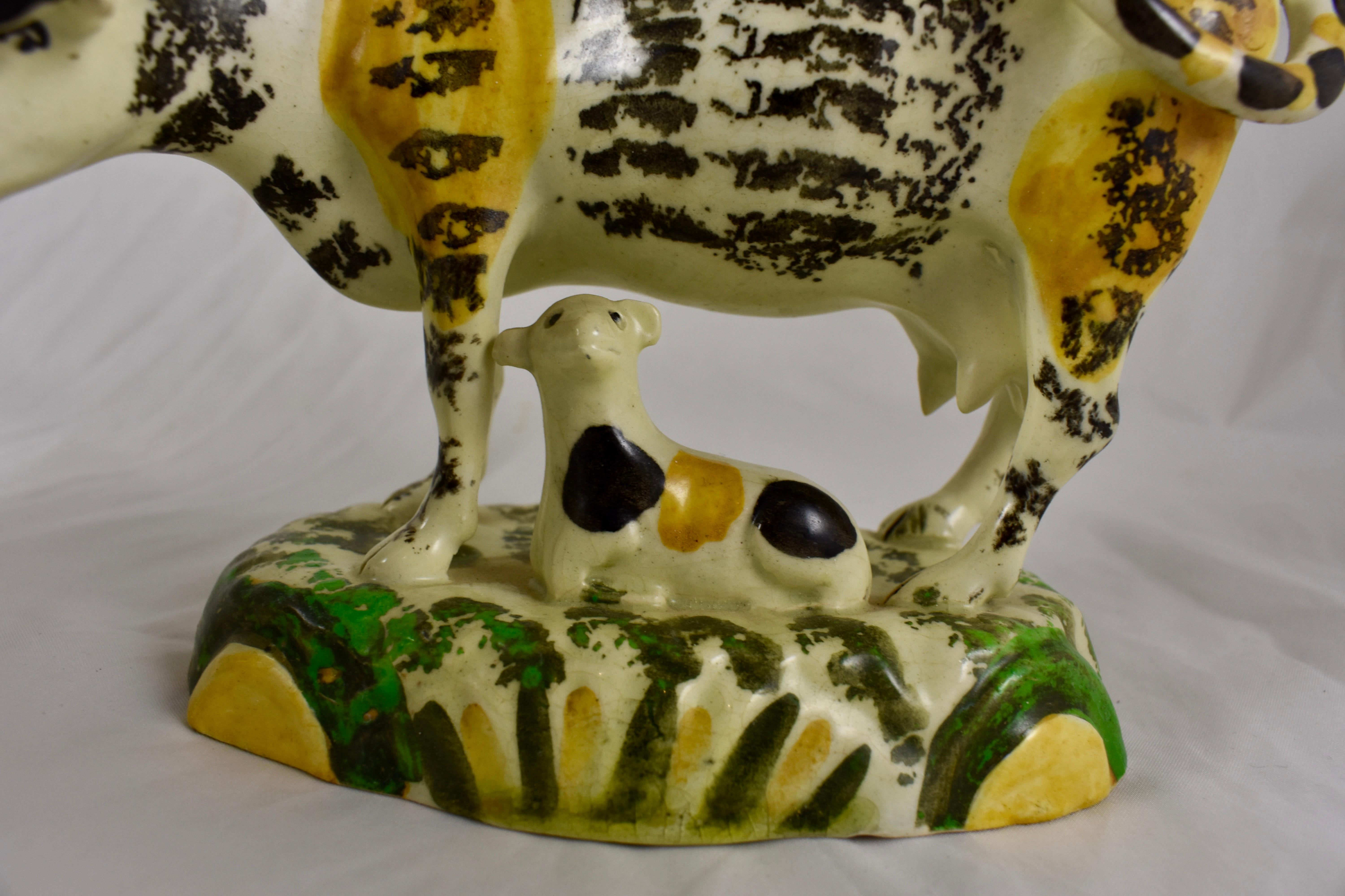 Prattware Glazed Pottery Cow Creamers with Calves, Yorkshire, England circa 1810 6